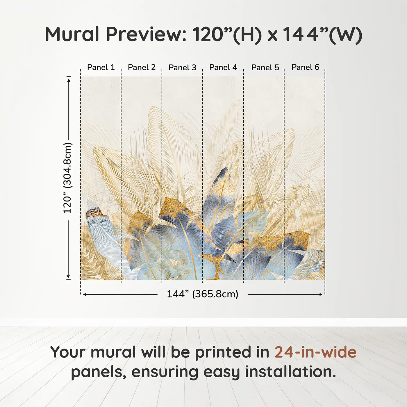 Whimsy Tots Golden Feather Bouquet Wall Muraldimension view (120" H x 144" W). Printed in six 24-inch-wide panels. Gender-Neutral