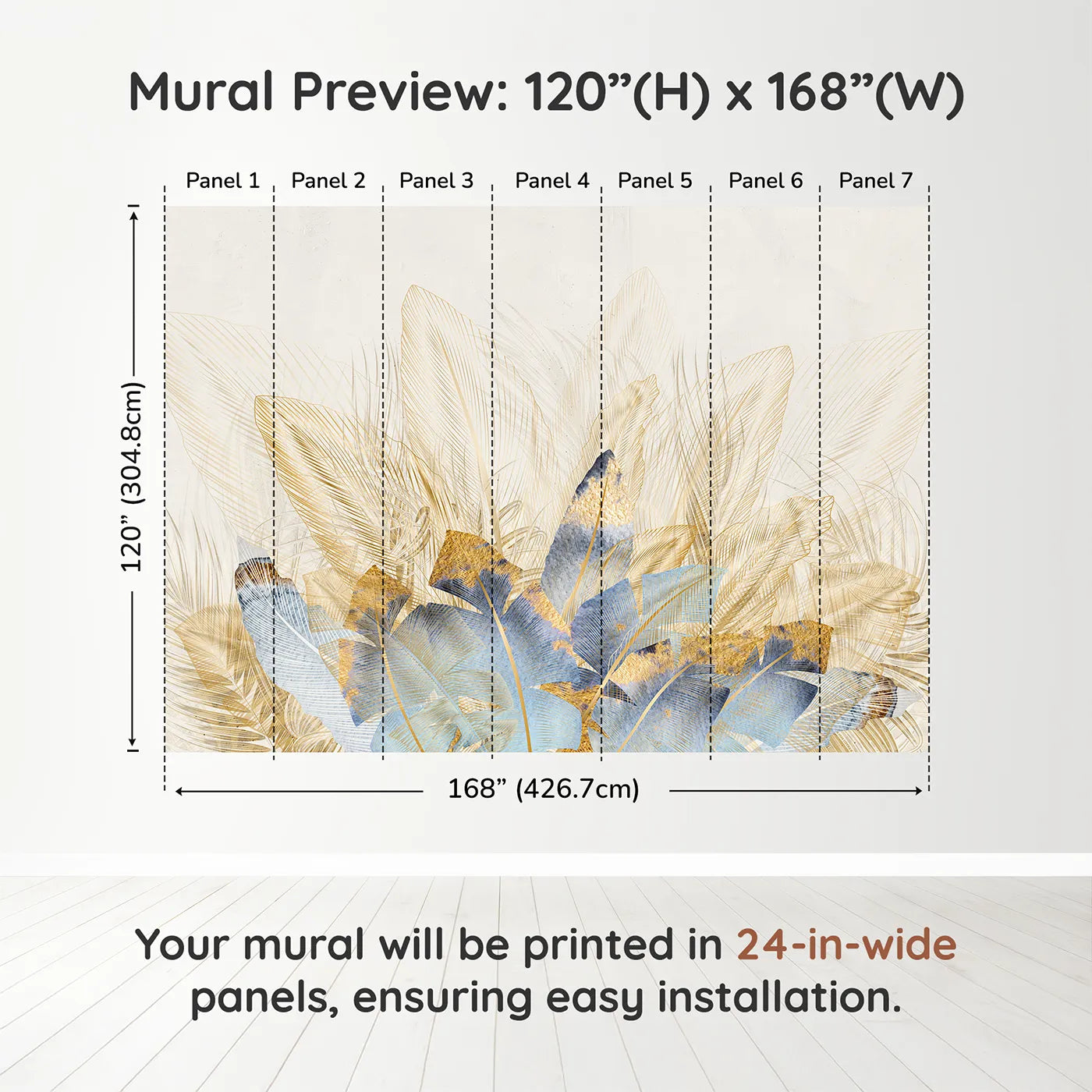 Whimsy Tots Golden Feather Bouquet Wall Muraldimension view (120" H x 168" W). Printed in seven 24-inch-wide panels. Gender-Neutral