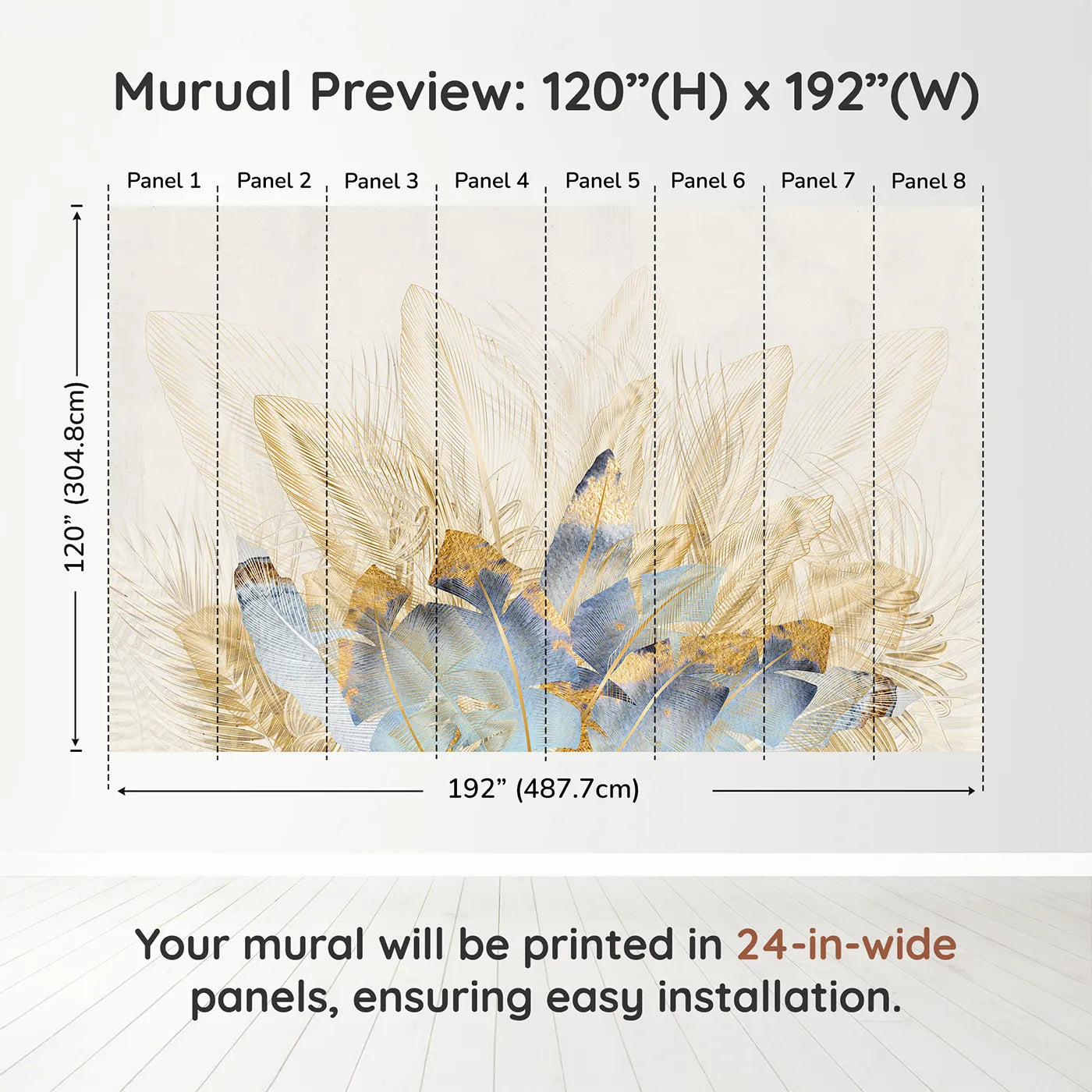 Whimsy Tots Golden Feather Bouquet Wall Muraldimension view (120" H x 192" W). Printed in eight 24-inch-wide panels. Gender-Neutral