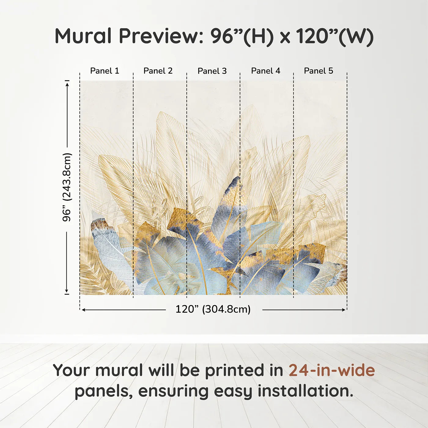 Whimsy Tots Golden Feather Bouquet Wall Muraldimension view (96" H x 120" W). Printed in five 24-inch-wide panels. Gender-Neutral