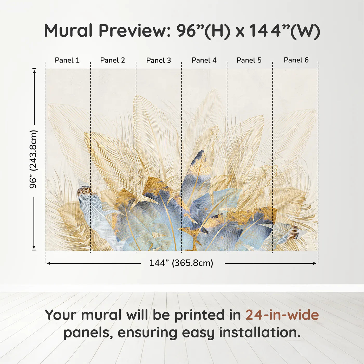 Whimsy Tots Golden Feather Bouquet Wall Muraldimension view (96" H x 144" W). Printed in six 24-inch-wide panels. Gender-Neutral