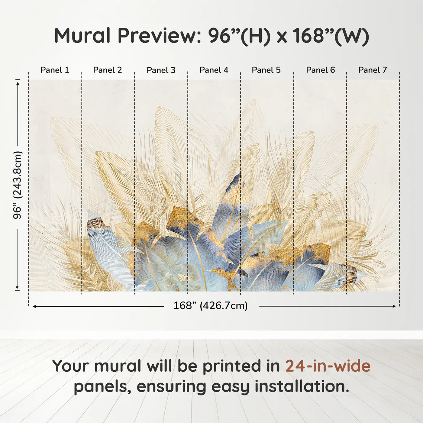 Whimsy Tots Golden Feather Bouquet Wall Muraldimension view (96" H x 168" W). Printed in seven 24-inch-wide panels. Gender-Neutral
