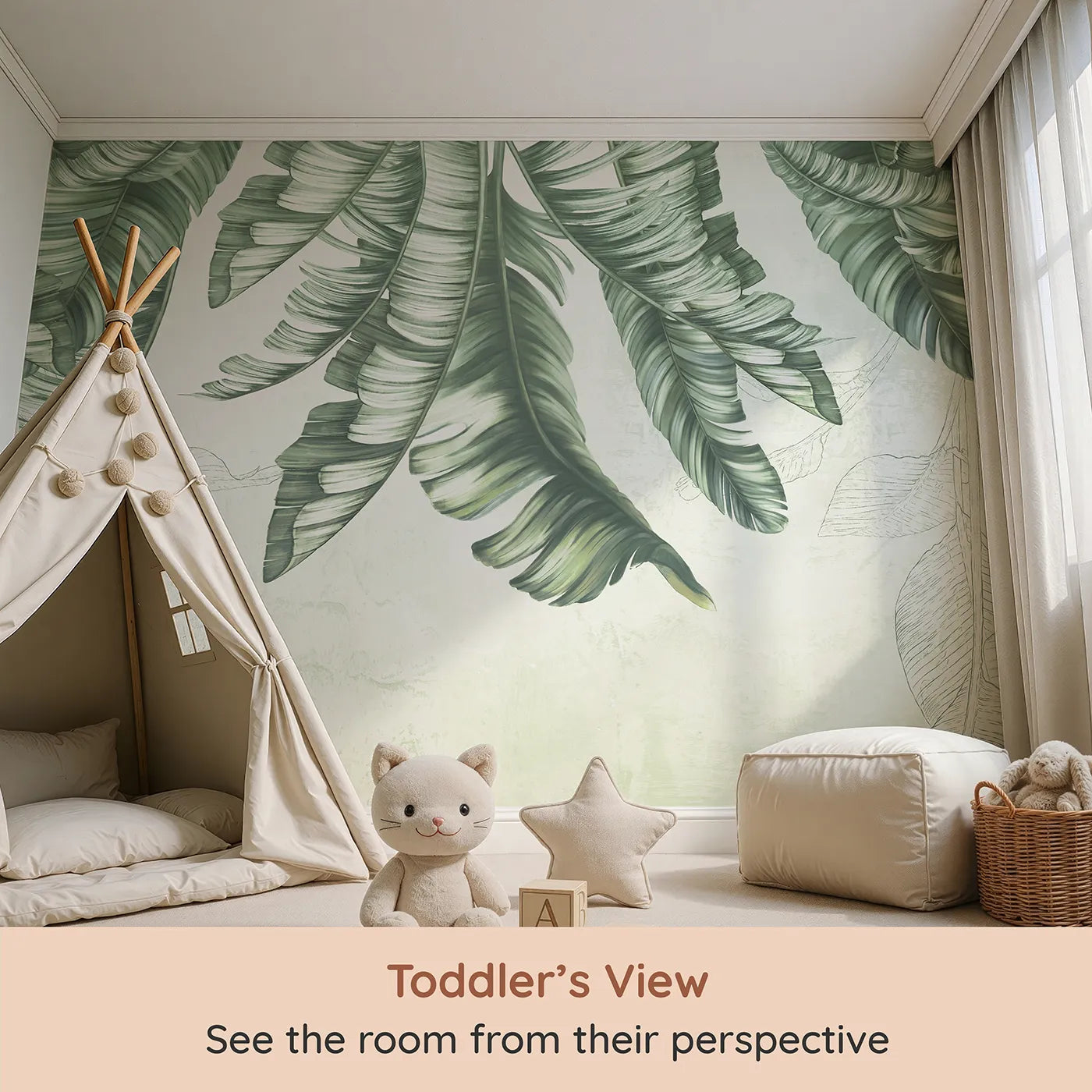 Whimsy Tots Hanging Banana Leaves Wall Mural (Turn Their Room into a Calm and Leafy Canopy) from your child's view.Gender-Neutral