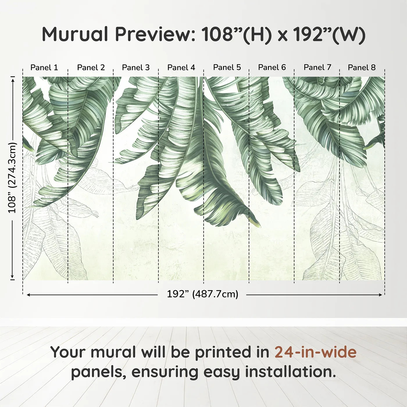 Whimsy Tots Hanging Banana Leaves Wall Muraldimension view (108" H x 192" W). Printed in eight 24-inch-wide panels. Gender-Neutral