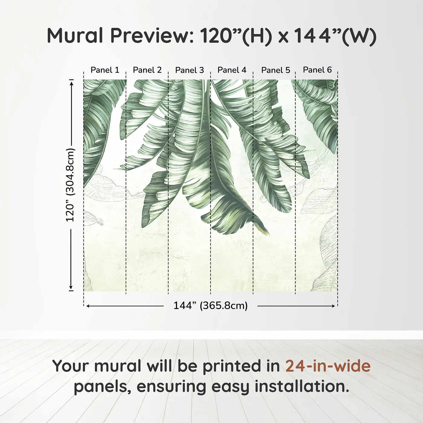 Whimsy Tots Hanging Banana Leaves Wall Muraldimension view (120" H x 144" W). Printed in six 24-inch-wide panels. Gender-Neutral