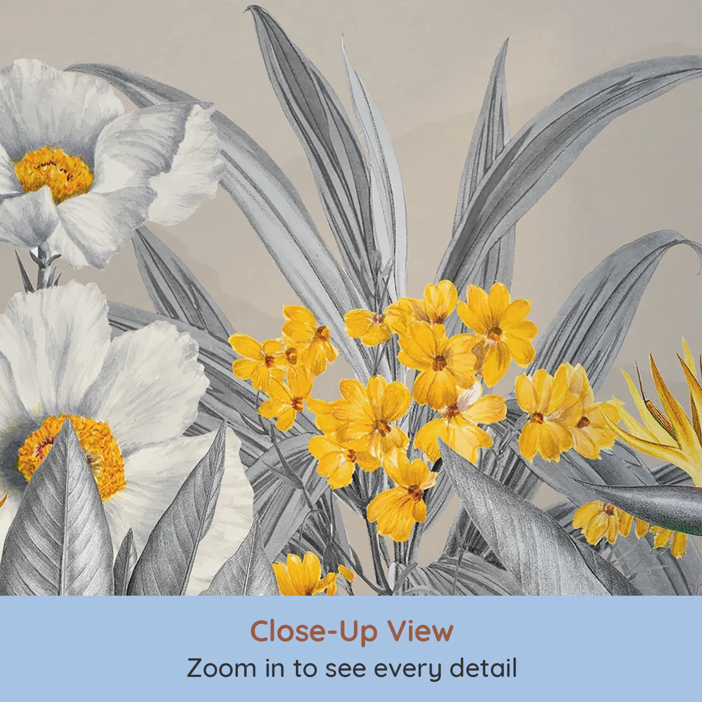Close-up view of Whimsy Tots' Yellow and Gray Tropical Garden Wall Mural (Turn Their Room into a Chic and Sunny Paradise).Gender-Neutral