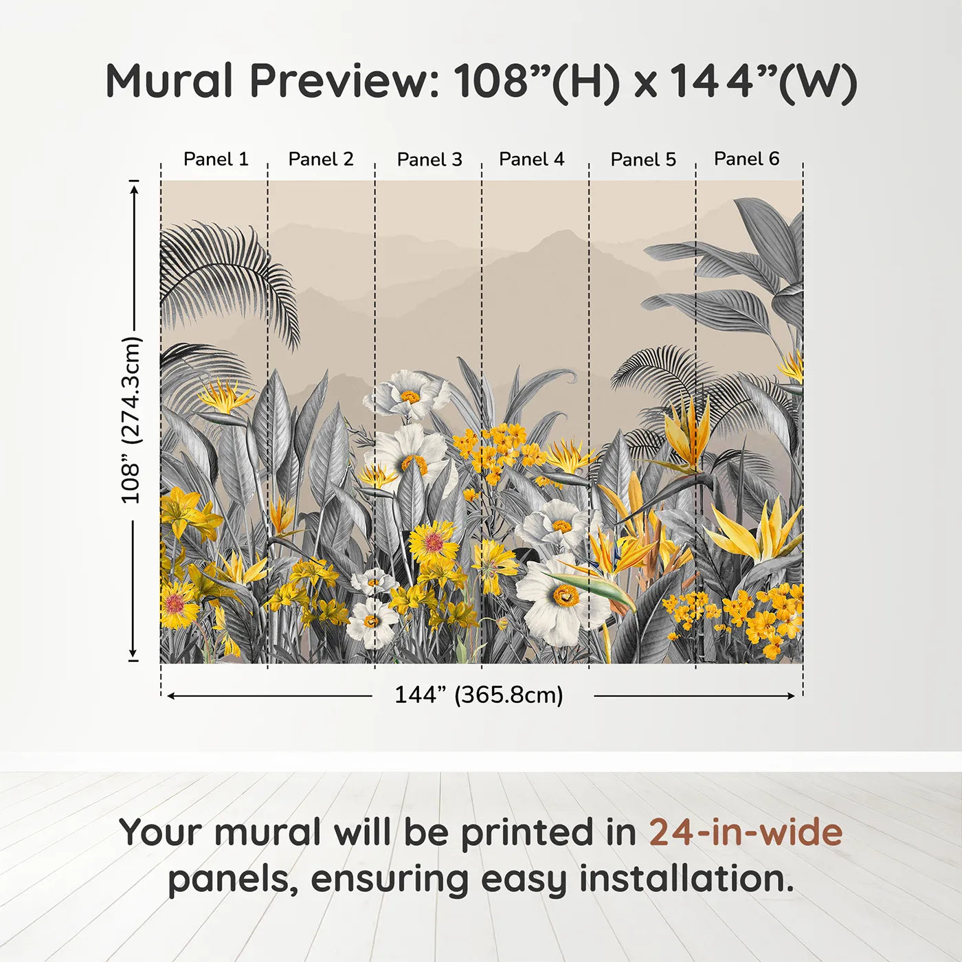 Whimsy Tots Yellow and Gray Tropical Garden Wall Muraldimension view (108" H x 144" W). Printed in six 24-inch-wide panels. Gender-Neutral