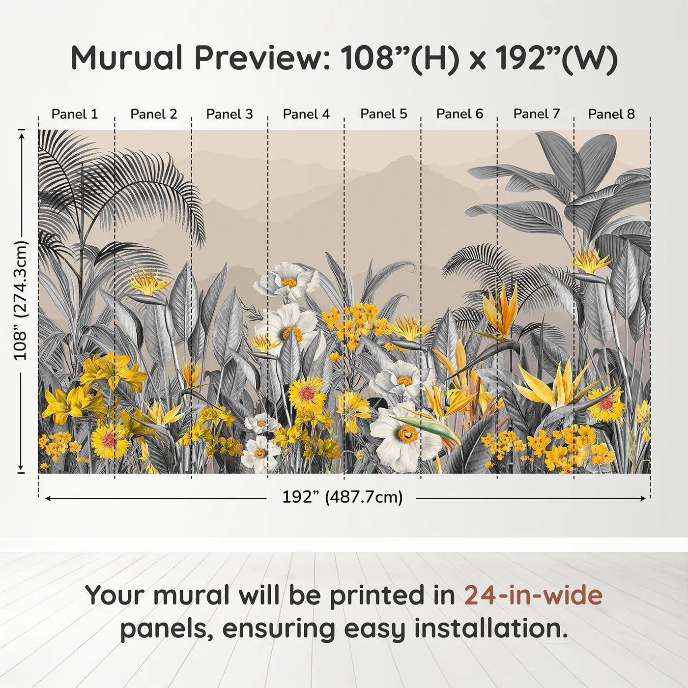 Whimsy Tots Yellow and Gray Tropical Garden Wall Muraldimension view (108" H x 192" W). Printed in eight 24-inch-wide panels. Gender-Neutral