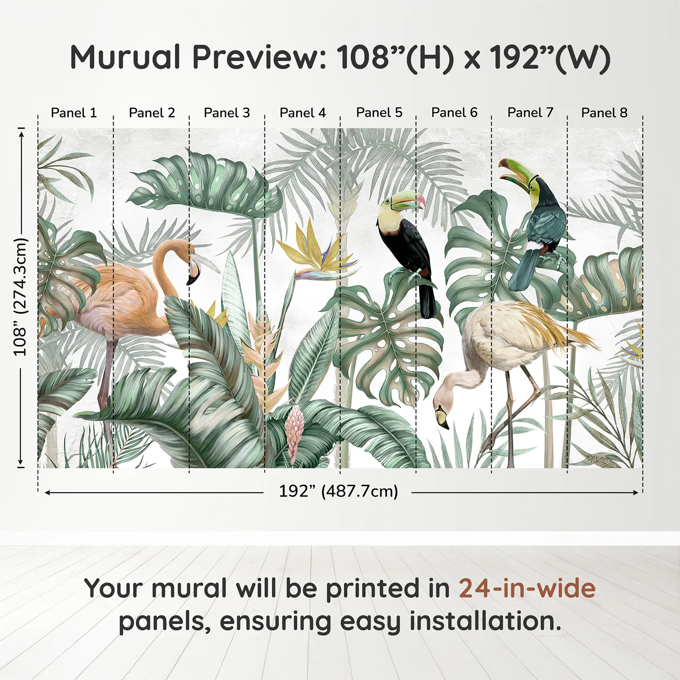 Whimsy Tots Tropical Bird Gathering Wall Muraldimension view (108" H x 192" W). Printed in eight 24-inch-wide panels. Gender-Neutral