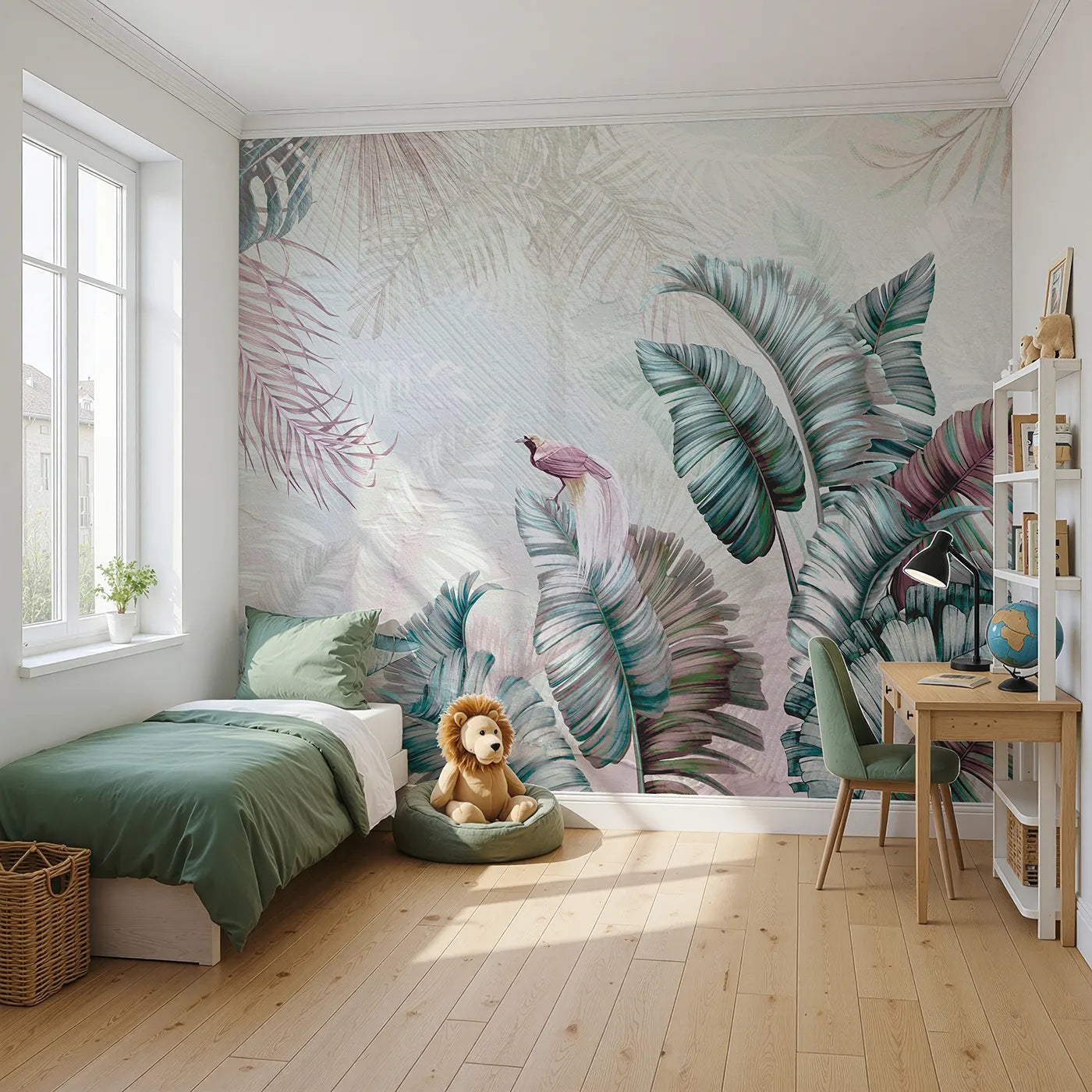 Angled view of Whimsy Tots' Iridescent Jungle Wall Mural (Turn Their Room into a Dreamy, Otherworldly Rainforest).Gender-Neutral