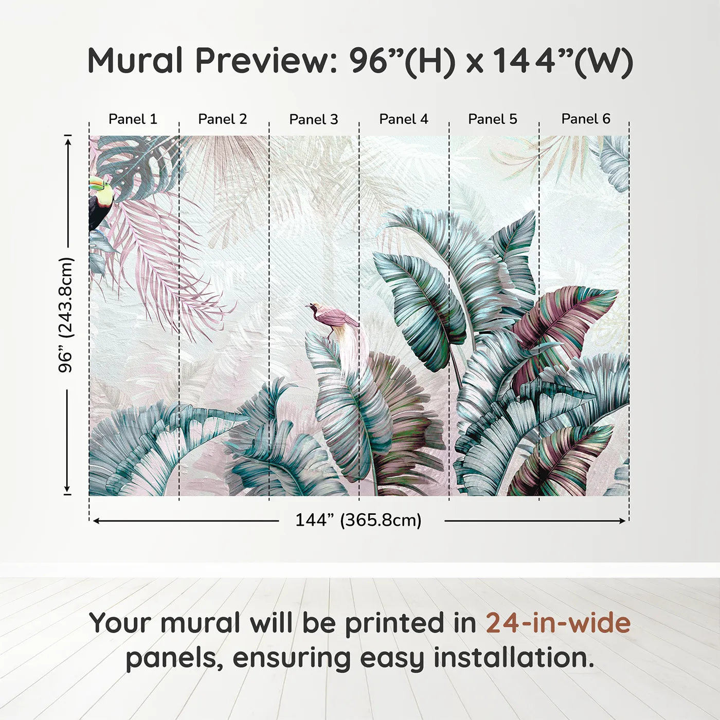 Whimsy Tots Iridescent Jungle Wall Muraldimension view (96" H x 144" W). Printed in six 24-inch-wide panels. Gender-Neutral