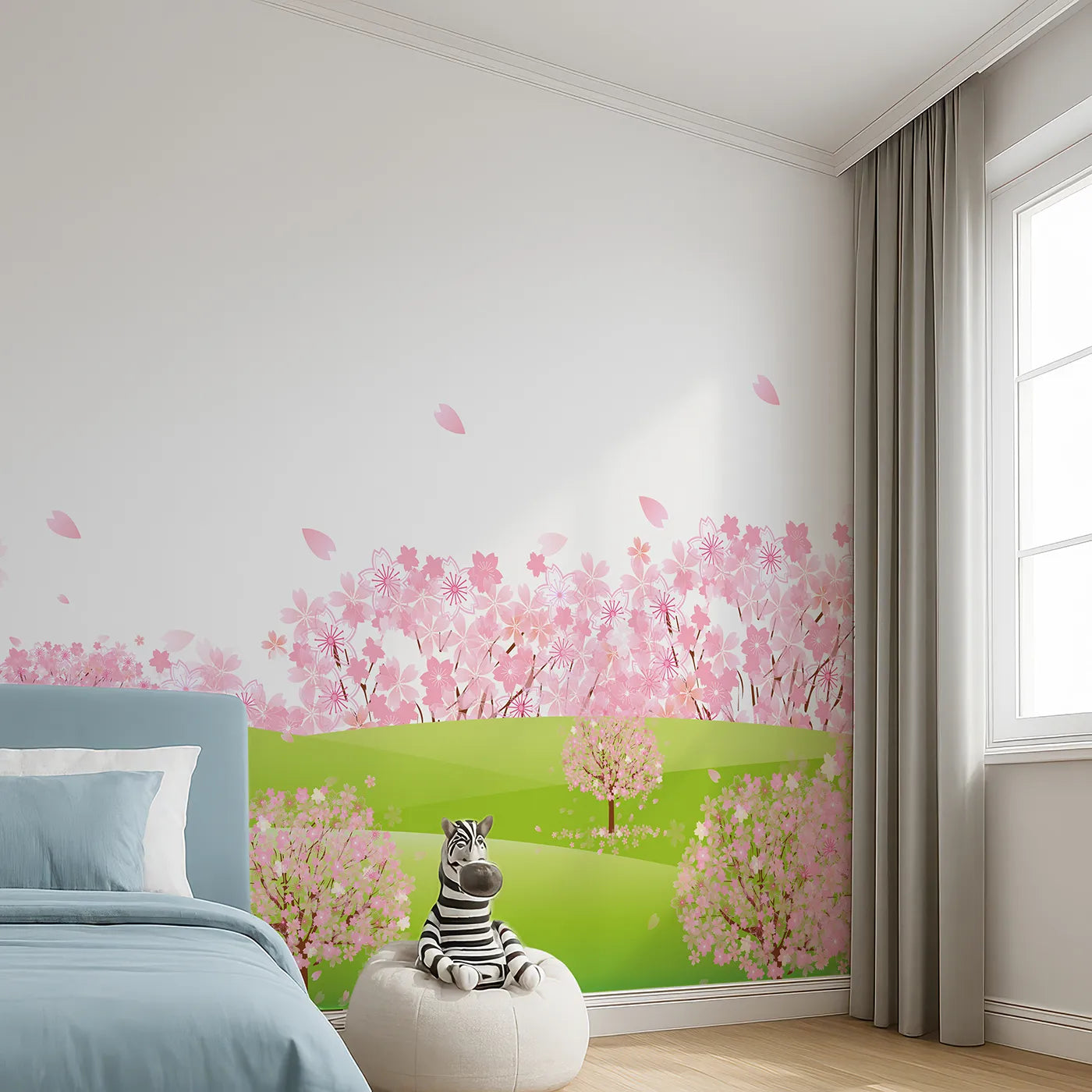 Angled view of Whimsy Tots' Pink Cherry Blossom Meadow Wall Mural (Turn Their Room into a Dream of Falling Petals).Best for Girls