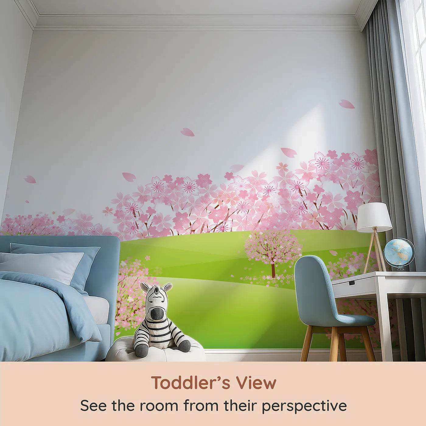 Whimsy Tots Pink Cherry Blossom Meadow Wall Mural (Turn Their Room into a Dream of Falling Petals) from your child's view.Best for Girls