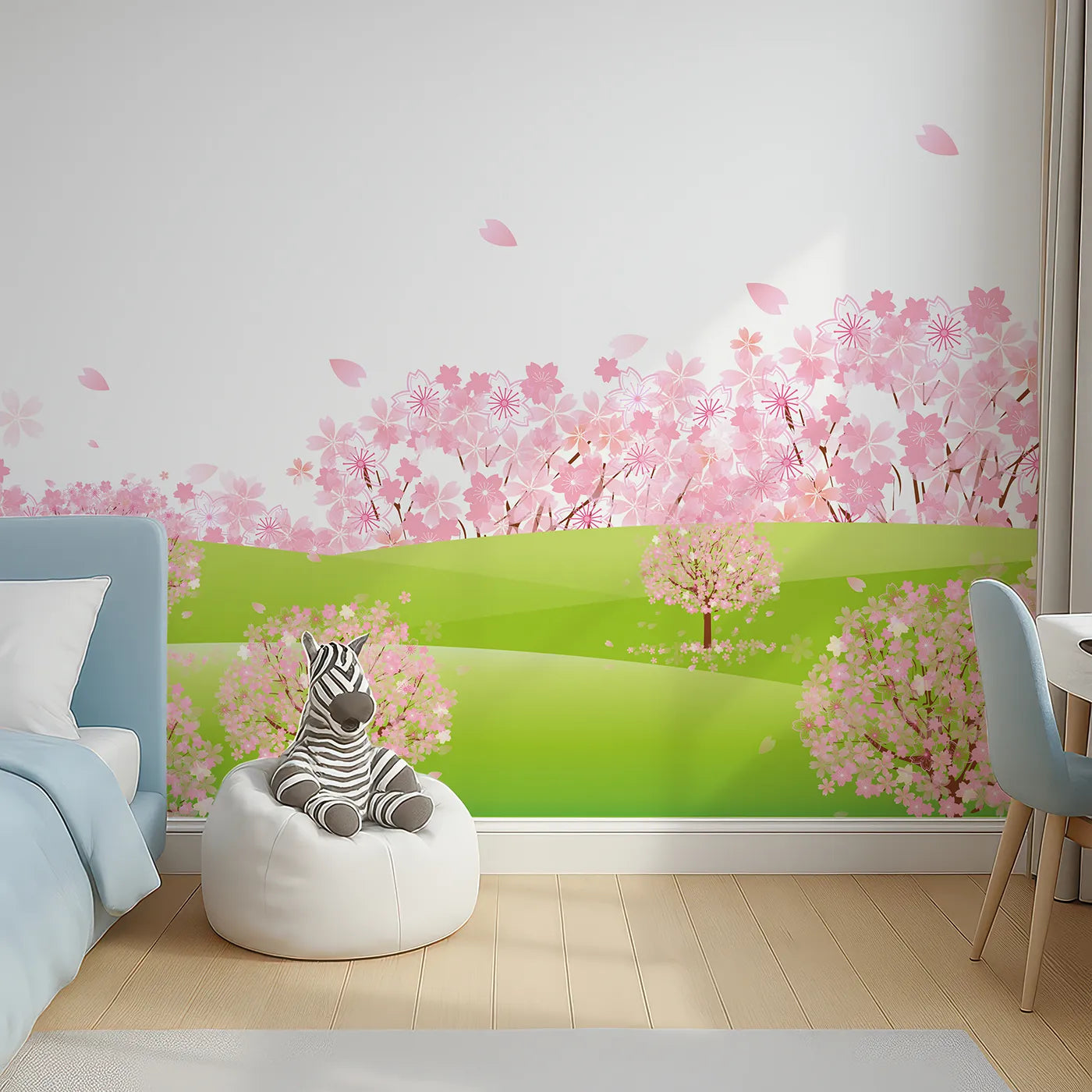 Top-down view of Whimsy Tots' Pink Cherry Blossom Meadow Wall Mural (Turn Their Room into a Dream of Falling Petals).Best for Girls
