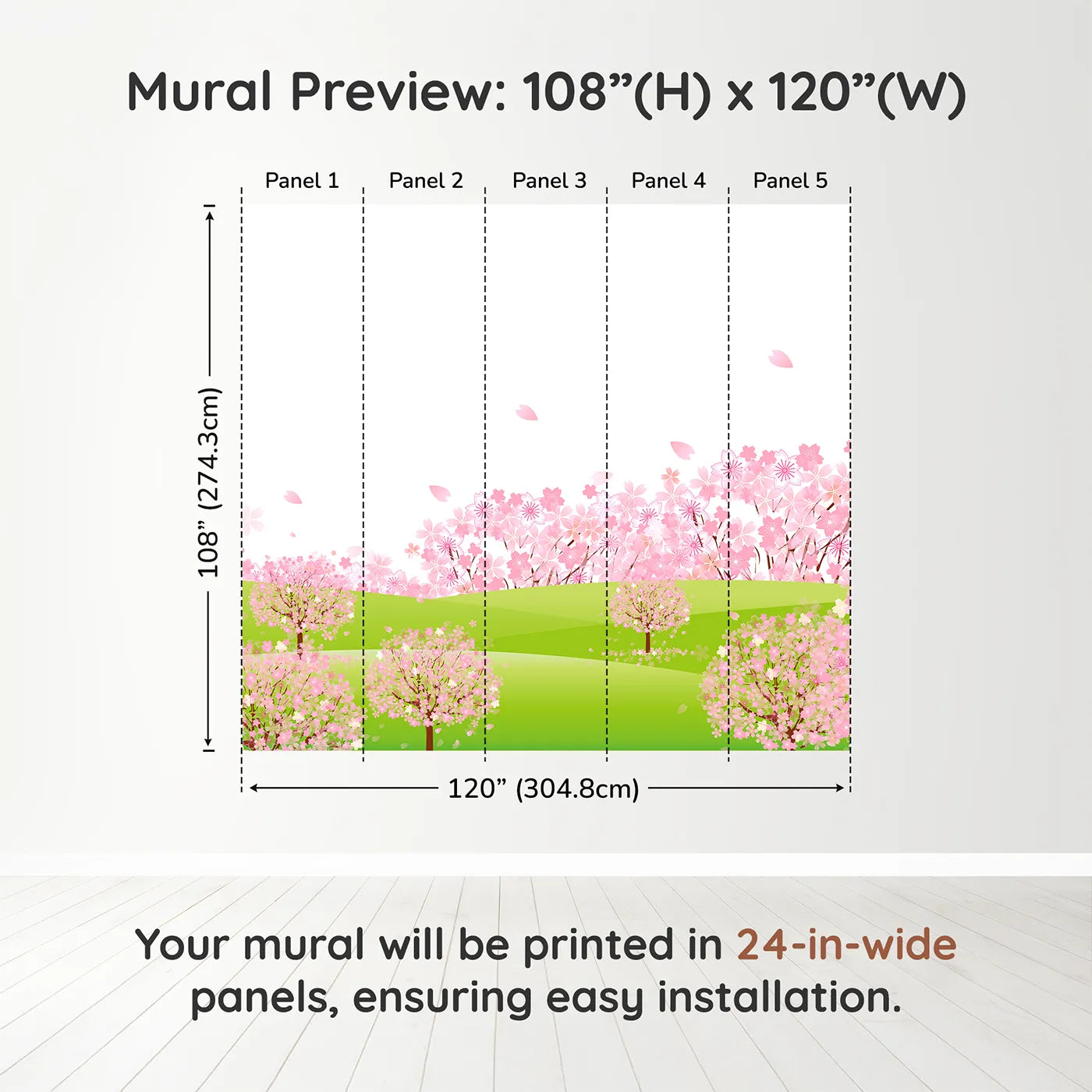Whimsy Tots Pink Cherry Blossom Meadow Wall Muraldimension view (108" H x 120" W). Printed in five 24-inch-wide panels. Best for Girls