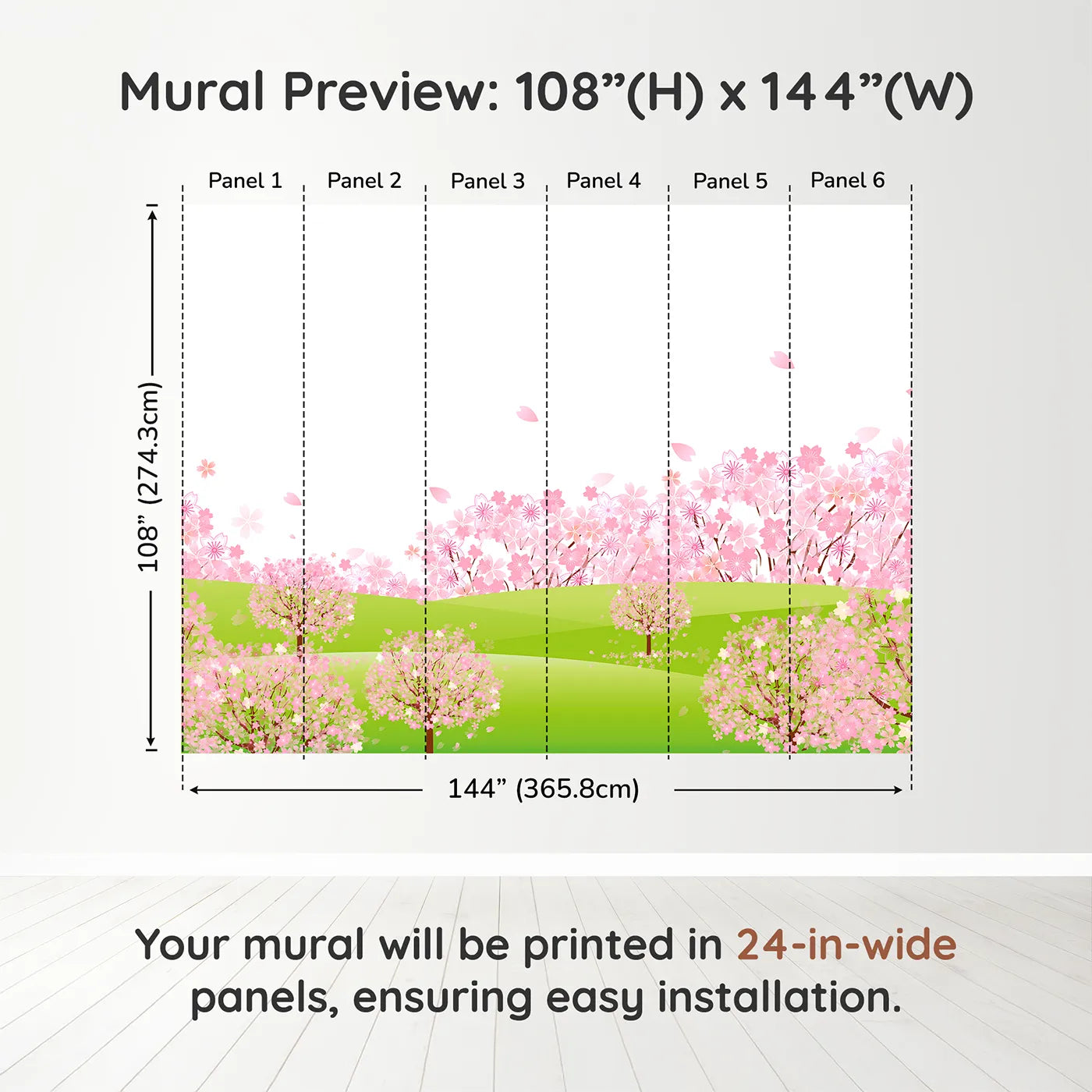 Whimsy Tots Pink Cherry Blossom Meadow Wall Muraldimension view (108" H x 144" W). Printed in six 24-inch-wide panels. Best for Girls