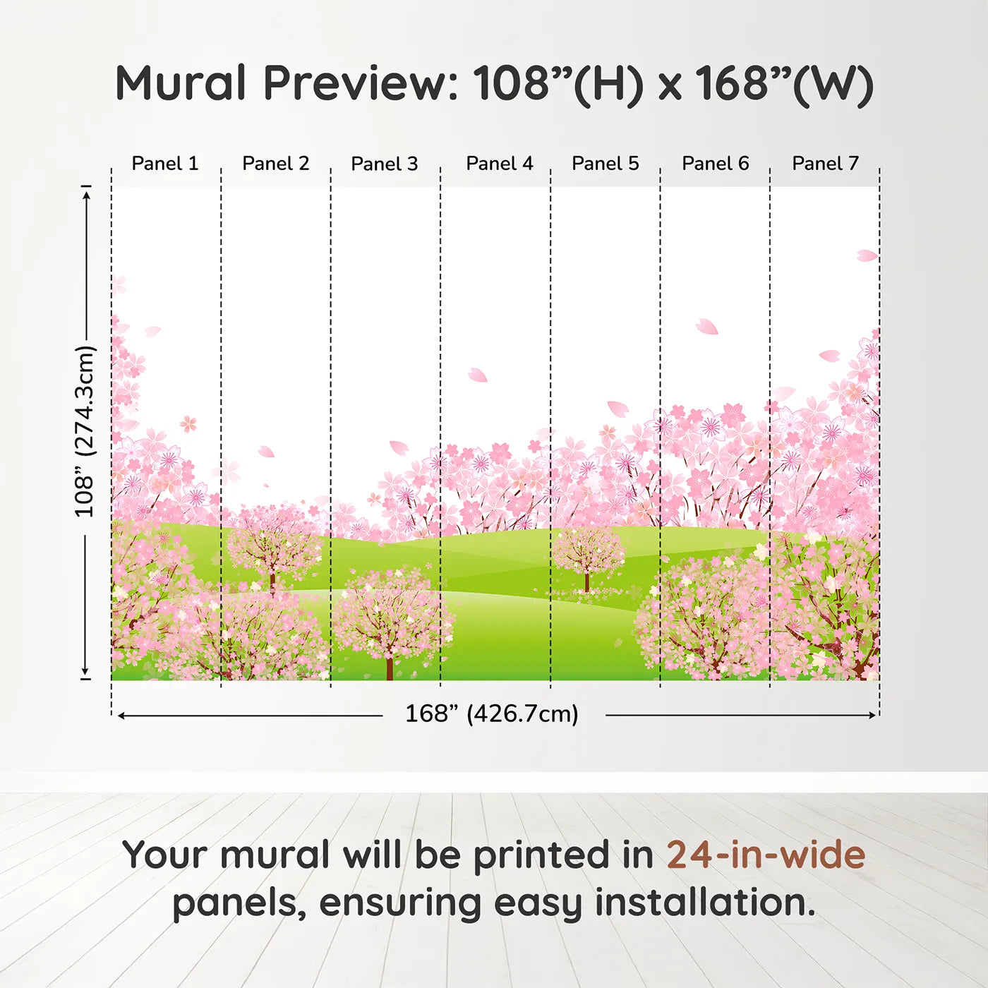 Whimsy Tots Pink Cherry Blossom Meadow Wall Muraldimension view (108" H x 168" W). Printed in seven 24-inch-wide panels. Best for Girls