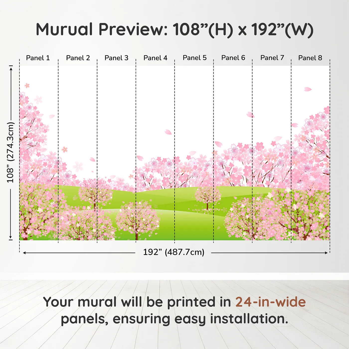 Whimsy Tots Pink Cherry Blossom Meadow Wall Muraldimension view (108" H x 192" W). Printed in eight 24-inch-wide panels. Best for Girls
