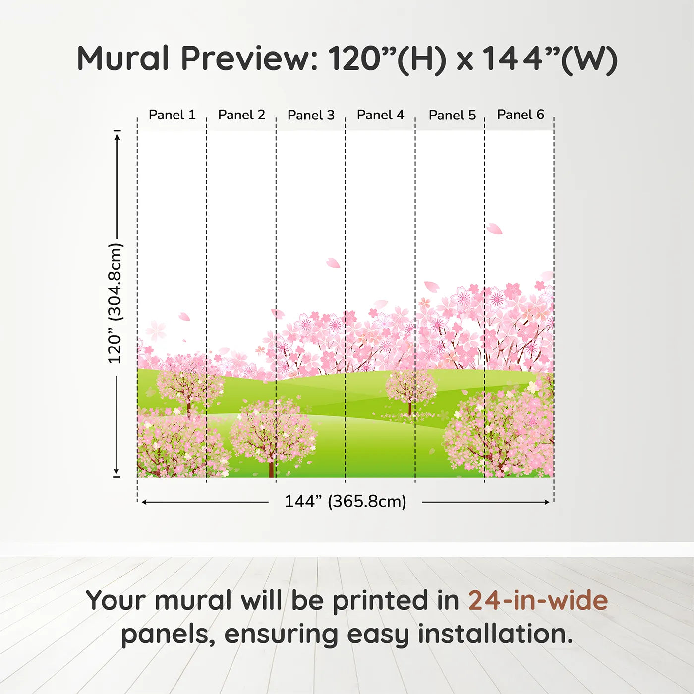 Whimsy Tots Pink Cherry Blossom Meadow Wall Muraldimension view (120" H x 144" W). Printed in six 24-inch-wide panels. Best for Girls