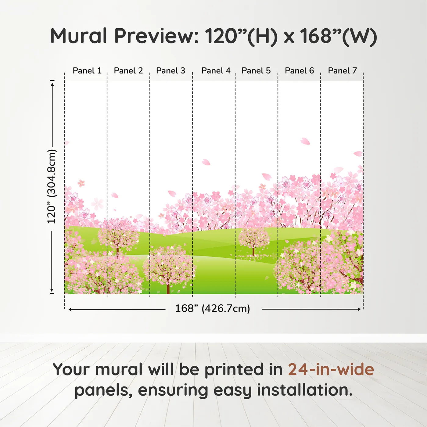 Whimsy Tots Pink Cherry Blossom Meadow Wall Muraldimension view (120" H x 168" W). Printed in seven 24-inch-wide panels. Best for Girls