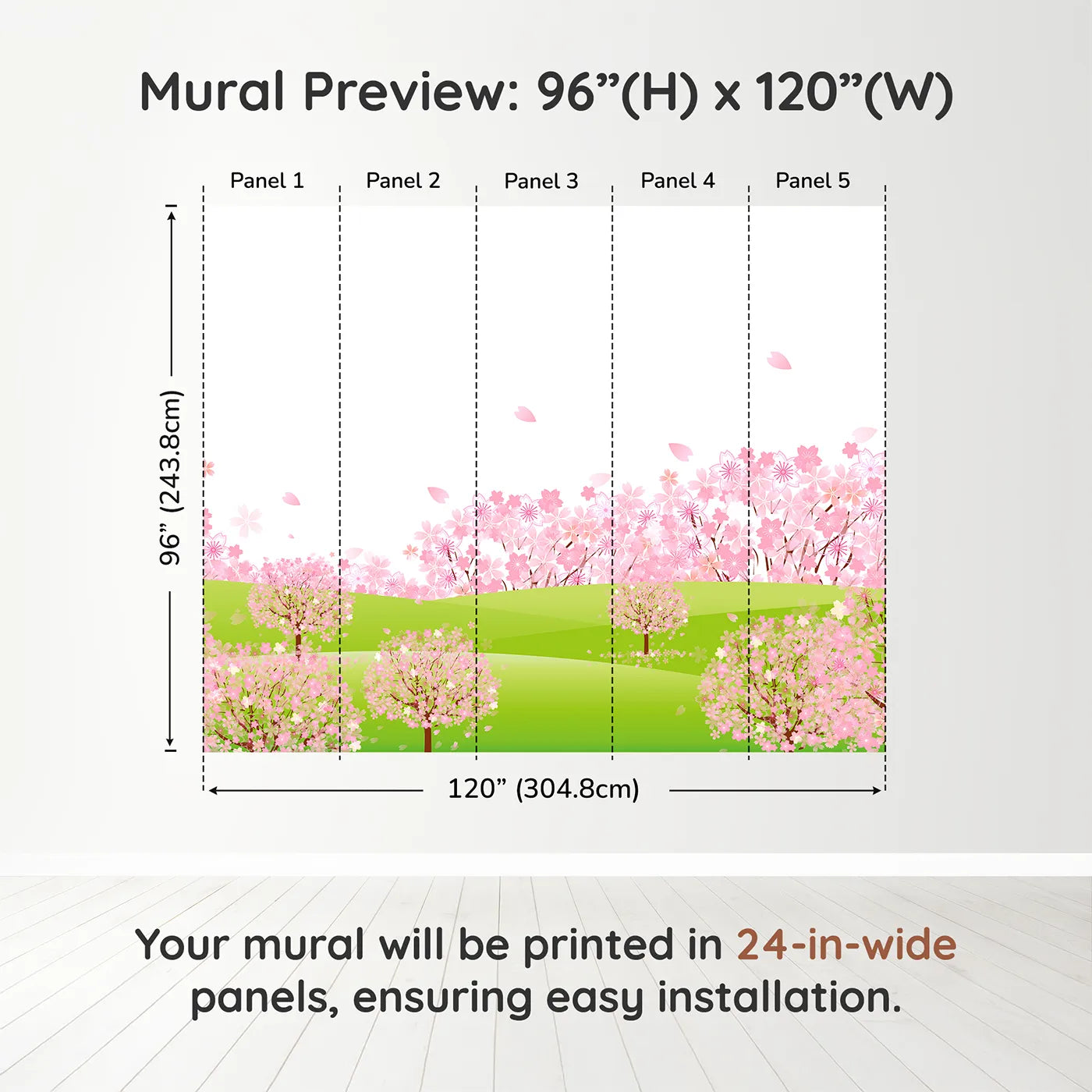 Whimsy Tots Pink Cherry Blossom Meadow Wall Muraldimension view (96" H x 120" W). Printed in five 24-inch-wide panels. Best for Girls