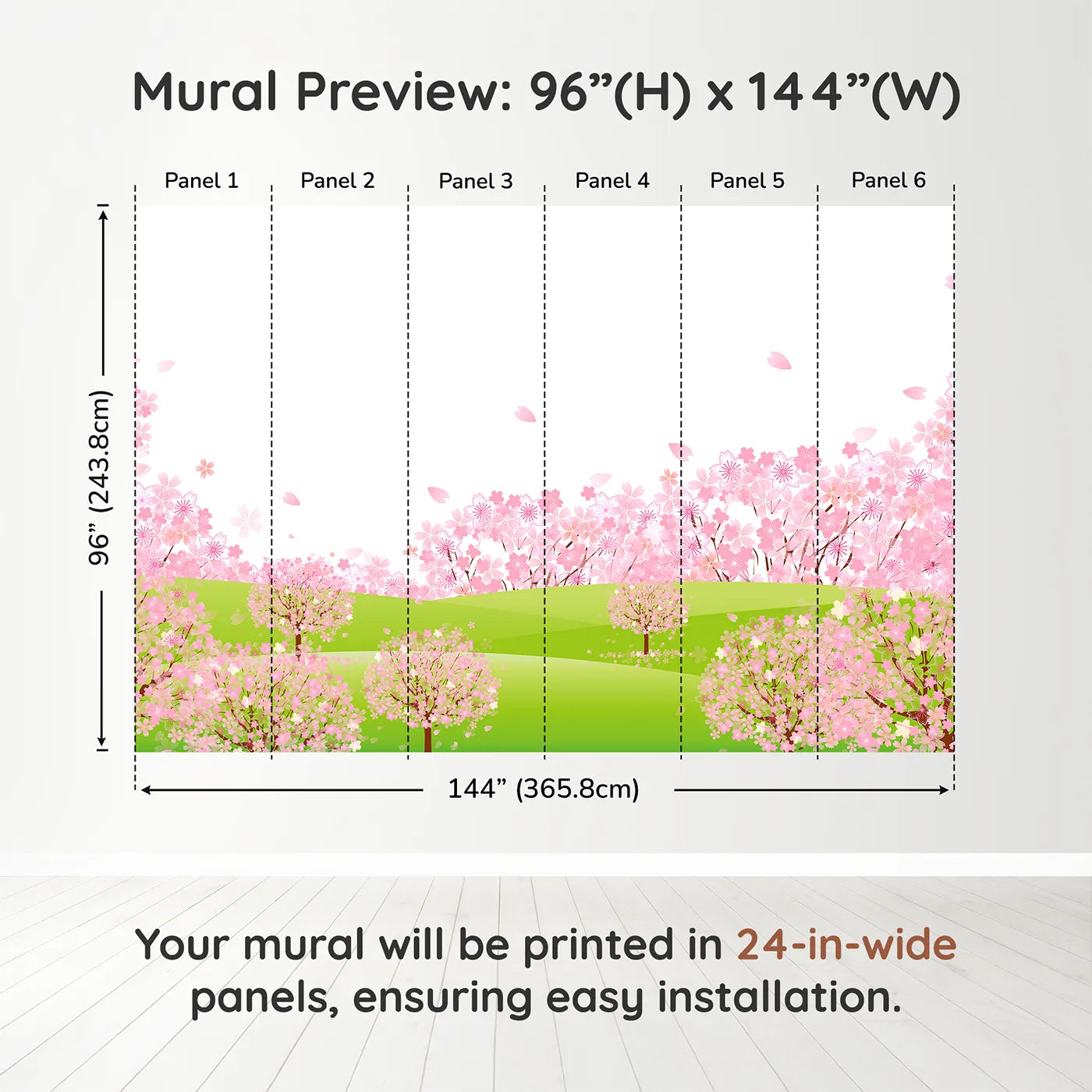 Whimsy Tots Pink Cherry Blossom Meadow Wall Muraldimension view (96" H x 144" W). Printed in six 24-inch-wide panels. Best for Girls