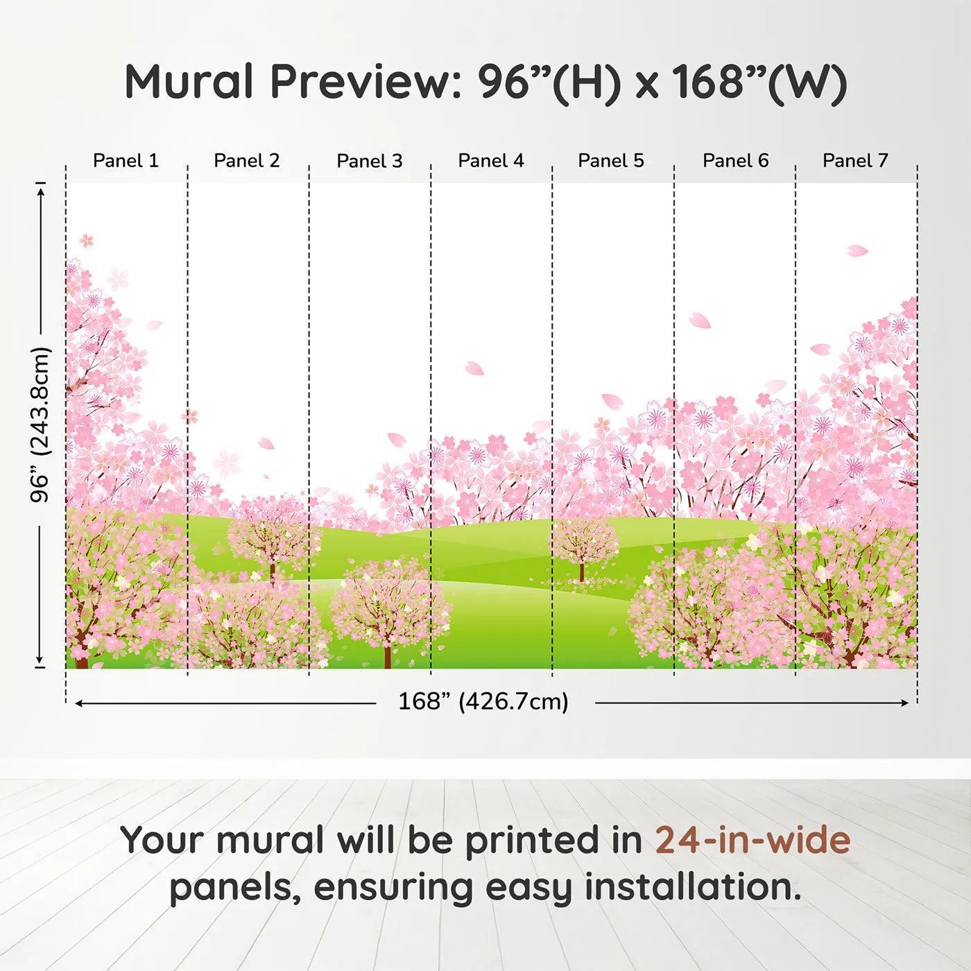 Whimsy Tots Pink Cherry Blossom Meadow Wall Muraldimension view (96" H x 168" W). Printed in seven 24-inch-wide panels. Best for Girls