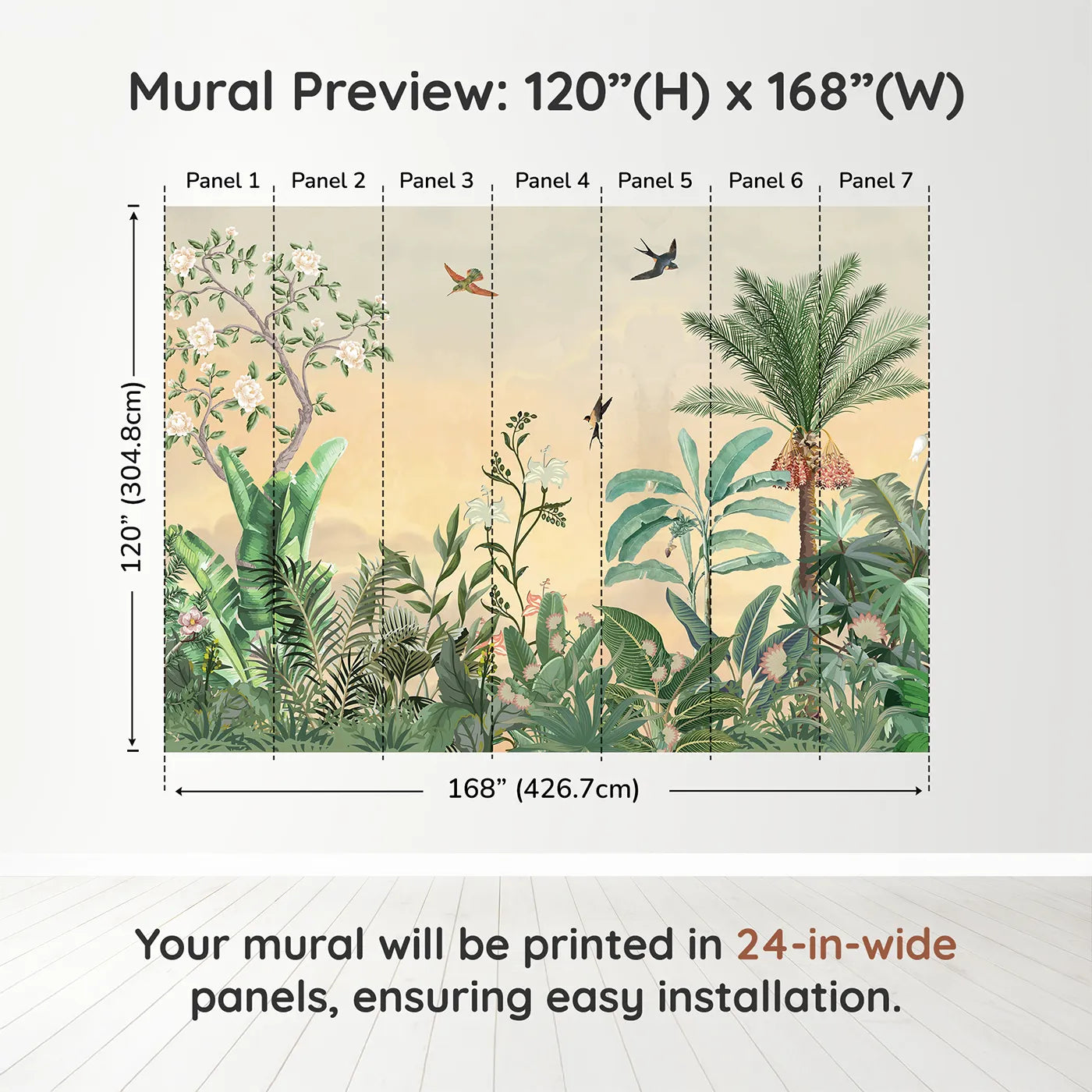 Whimsy Tots Sunset Jungle Paradise Wall Muraldimension view (120" H x 168" W). Printed in seven 24-inch-wide panels. Gender-Neutral