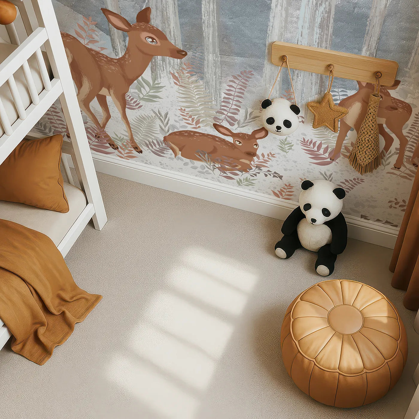 Top-down view of Whimsy Tots' Winter Deer Family Wall Mural (Turn Their Room into a Gentle, Snowy Forest Scene).Gender-Neutral