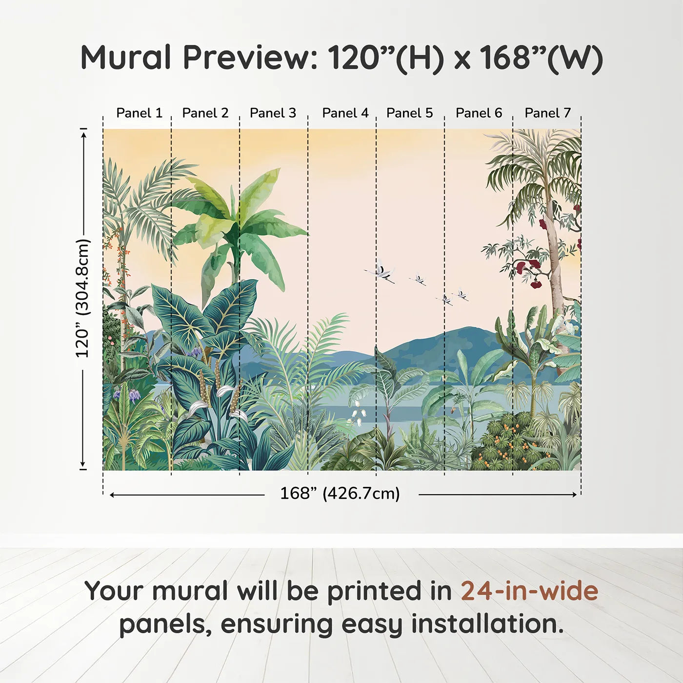 Whimsy Tots Tropical Sunset Wall Muraldimension view (120" H x 168" W). Printed in seven 24-inch-wide panels. Gender-Neutral