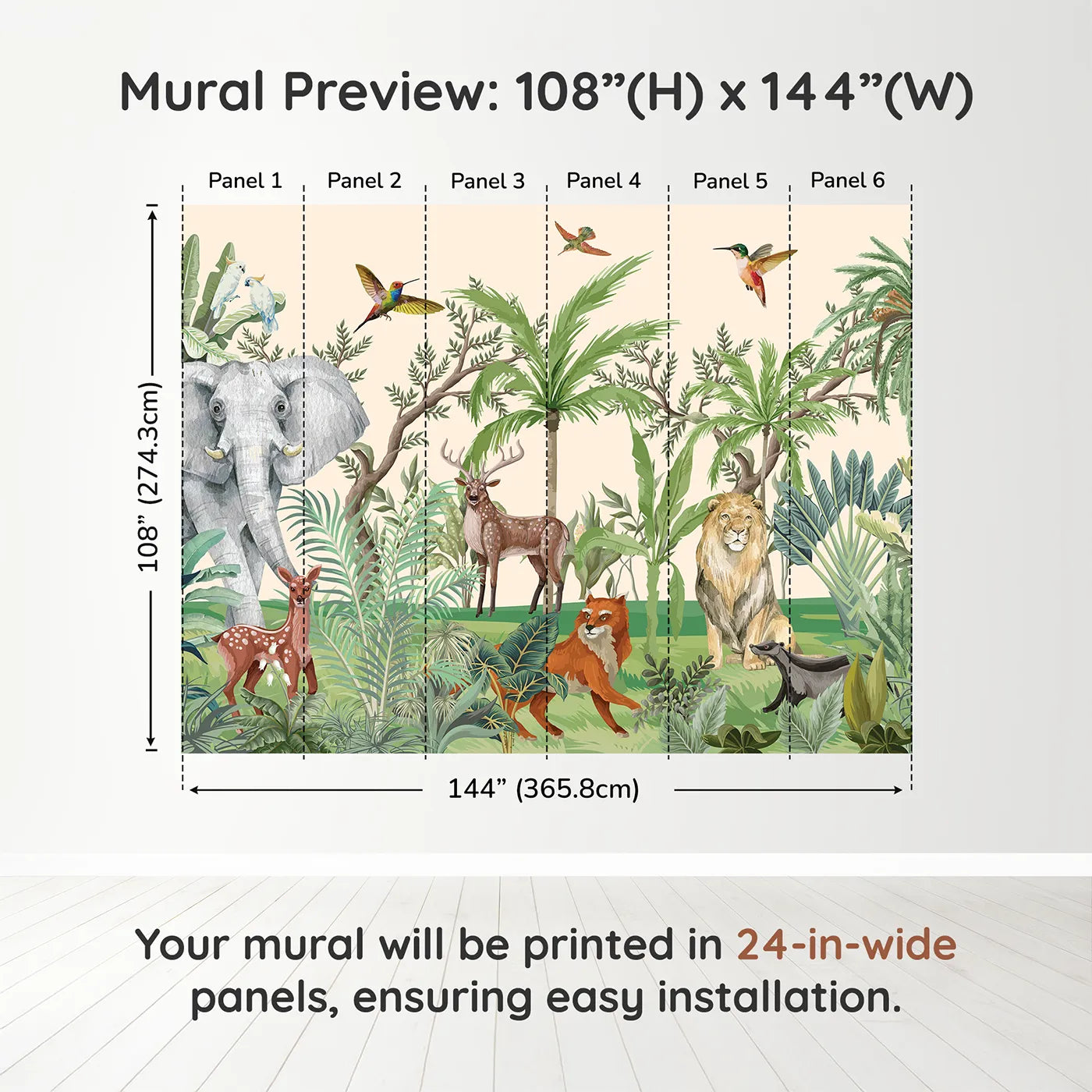 Whimsy Tots Jungle Gathering Wall Muraldimension view (108" H x 144" W). Printed in six 24-inch-wide panels. Gender-Neutral