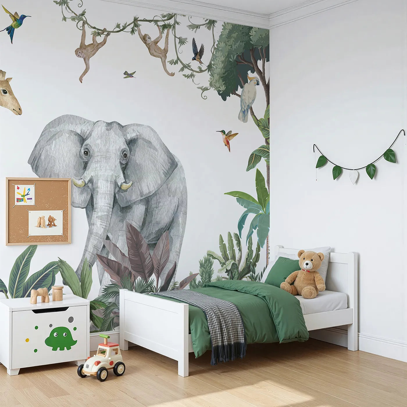 Angled view of Whimsy Tots' Jungle Friends Gathering Wall Mural in Color (Turn Their Room into a Majestic, Lifelike Safari).Gender-Neutral