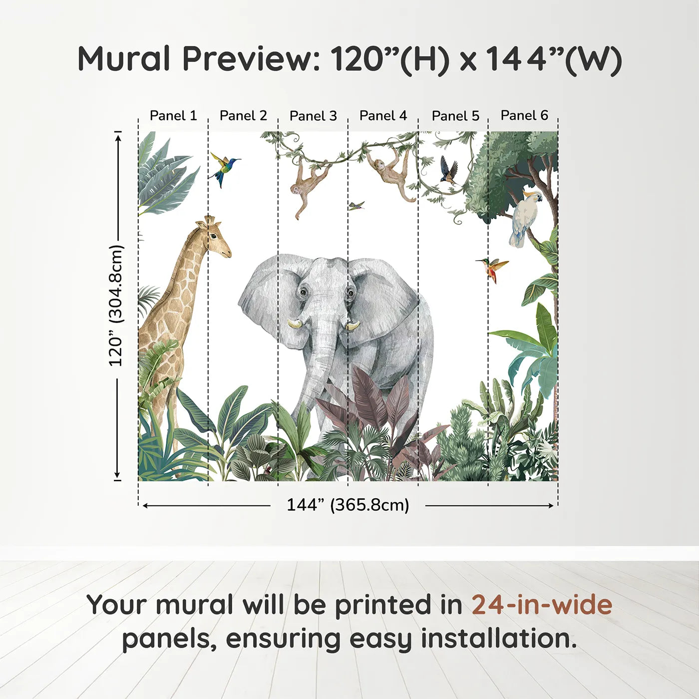 Whimsy Tots Jungle Friends Gathering Wall Mural in Colordimension view (120" H x 144" W). Printed in six 24-inch-wide panels. Gender-Neutral
