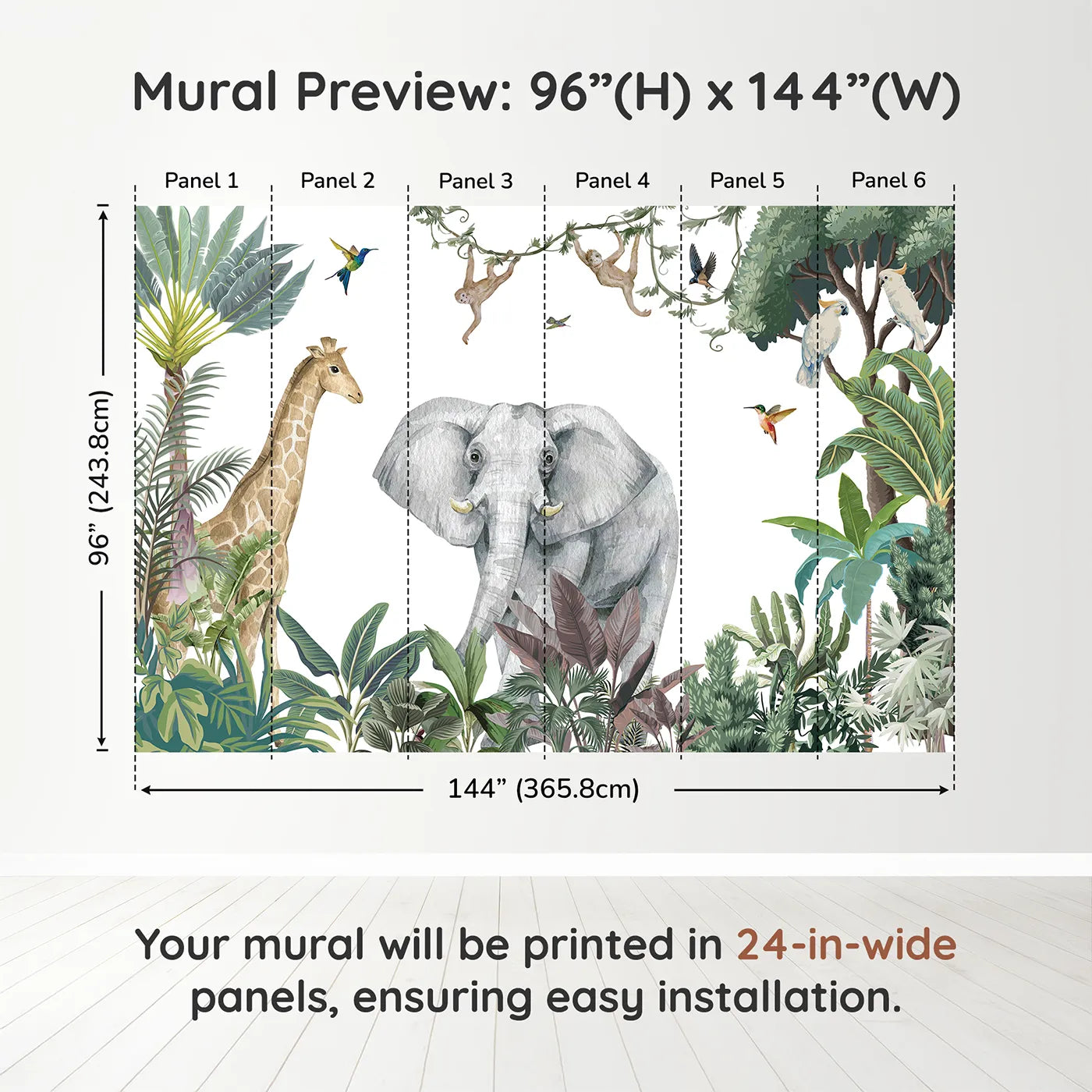 Whimsy Tots Jungle Friends Gathering Wall Mural in Colordimension view (96" H x 144" W). Printed in six 24-inch-wide panels. Gender-Neutral
