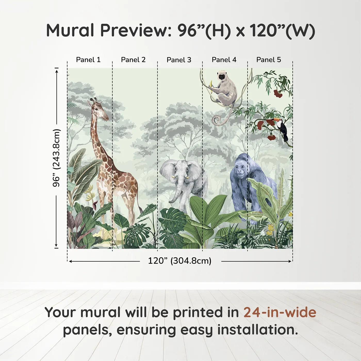 Whimsy Tots Jungle Gathering Wall Mural in Greendimension view (96" H x 120" W). Printed in five 24-inch-wide panels. Gender-Neutral