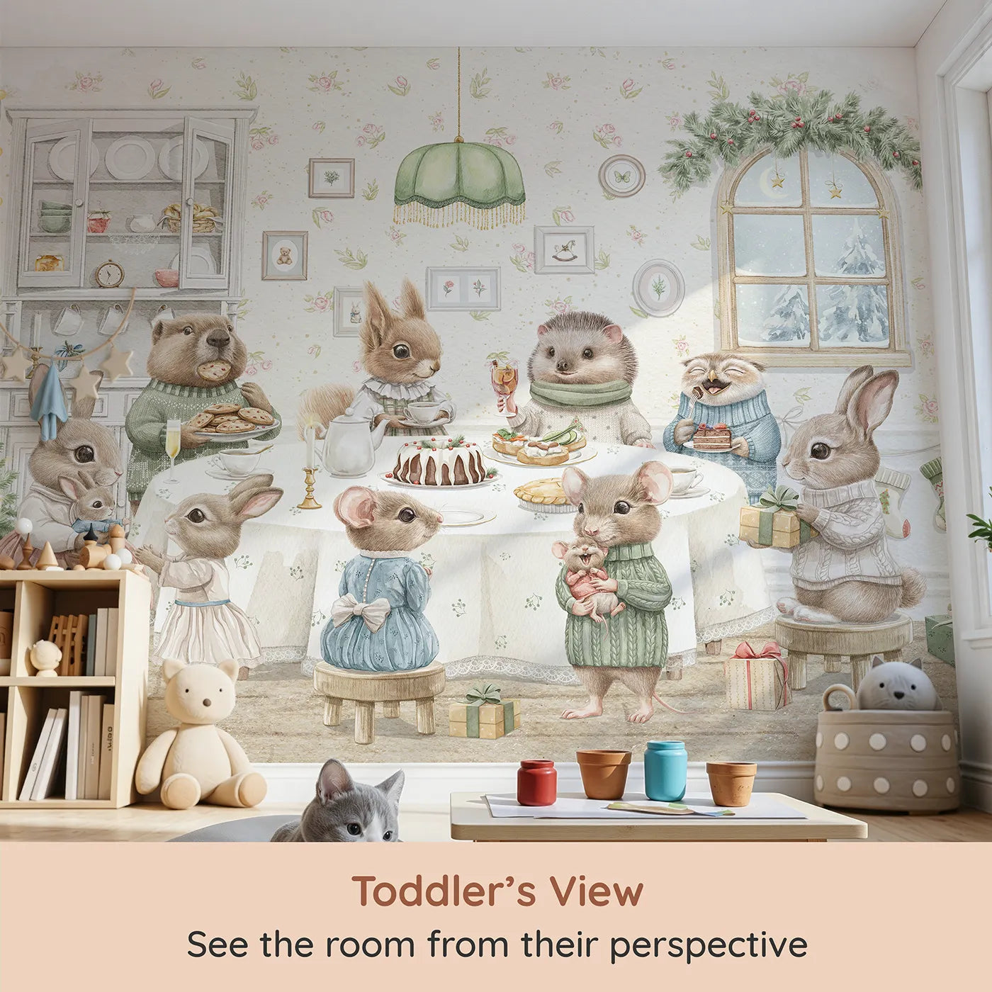 Whimsy Tots Woodland Animal Christmas Dinner Wall Mural (Turn Their Room into the Coziest, Most Charming Holiday Party) from your child's view.Gender-Neutral