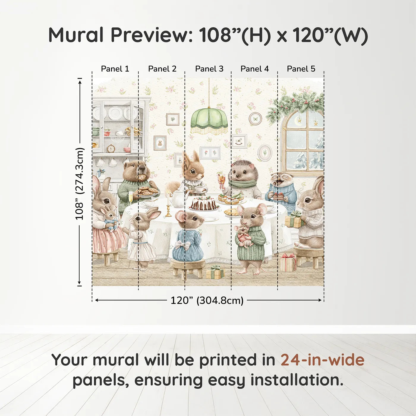 Whimsy Tots Woodland Animal Christmas Dinner Wall Muraldimension view (108" H x 120" W). Printed in five 24-inch-wide panels. Gender-Neutral