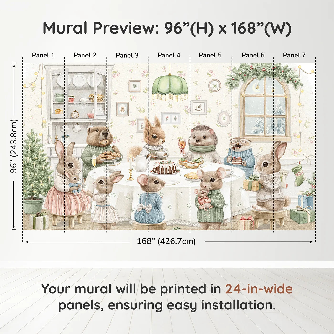 Whimsy Tots Woodland Animal Christmas Dinner Wall Muraldimension view (96" H x 168" W). Printed in seven 24-inch-wide panels. Gender-Neutral