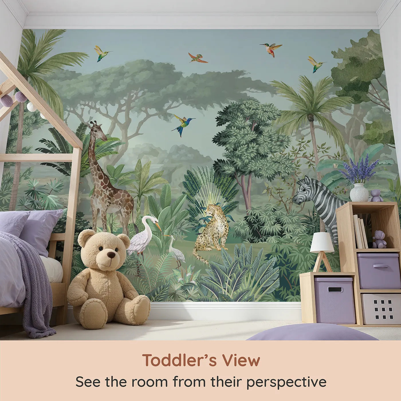 Whimsy Tots Jungle Gathering Wall Mural in Green and Brown (Turn Their Room into a Majestic, Lifelike Safari) from your child's view.Gender-Neutral