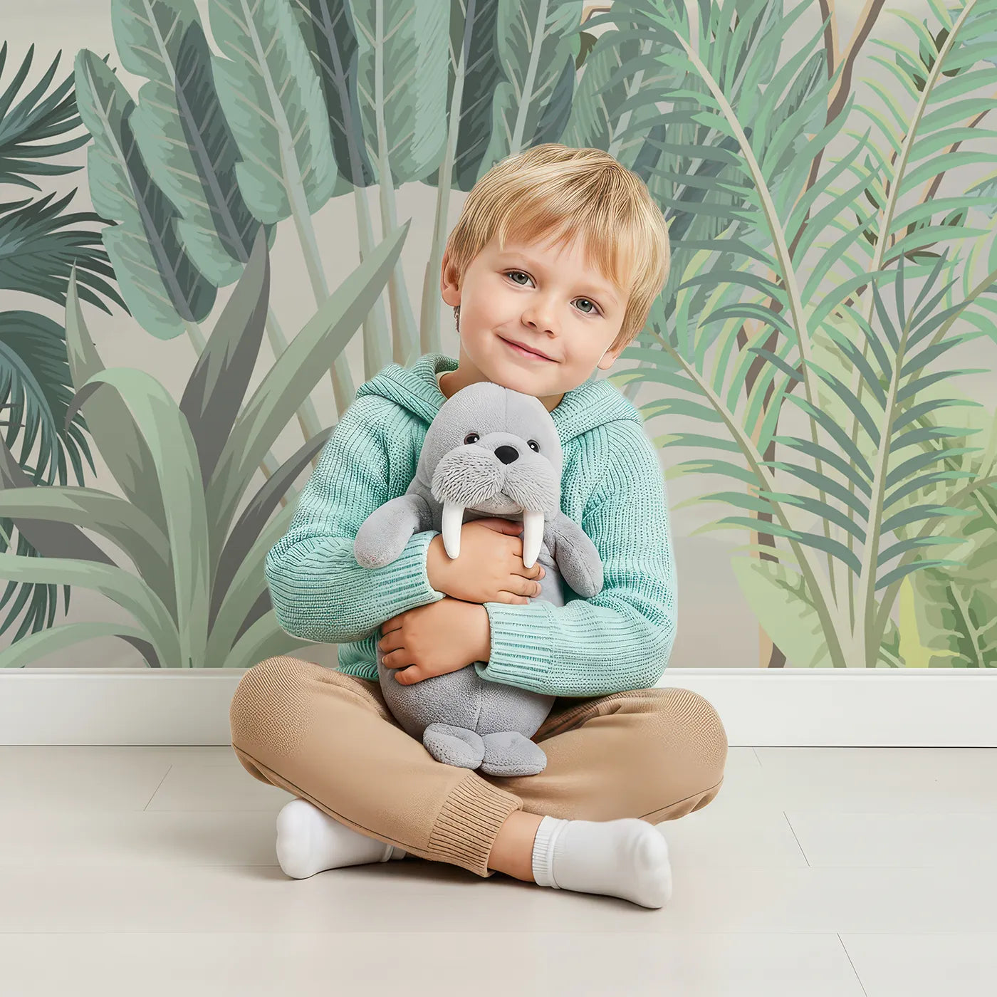 Child in front of Whimsy Tots Tropical Garden Wall Mural in Yellow with chinoiserie, vintage, bird, exotic, tropical, classic, garden, lemon in design.