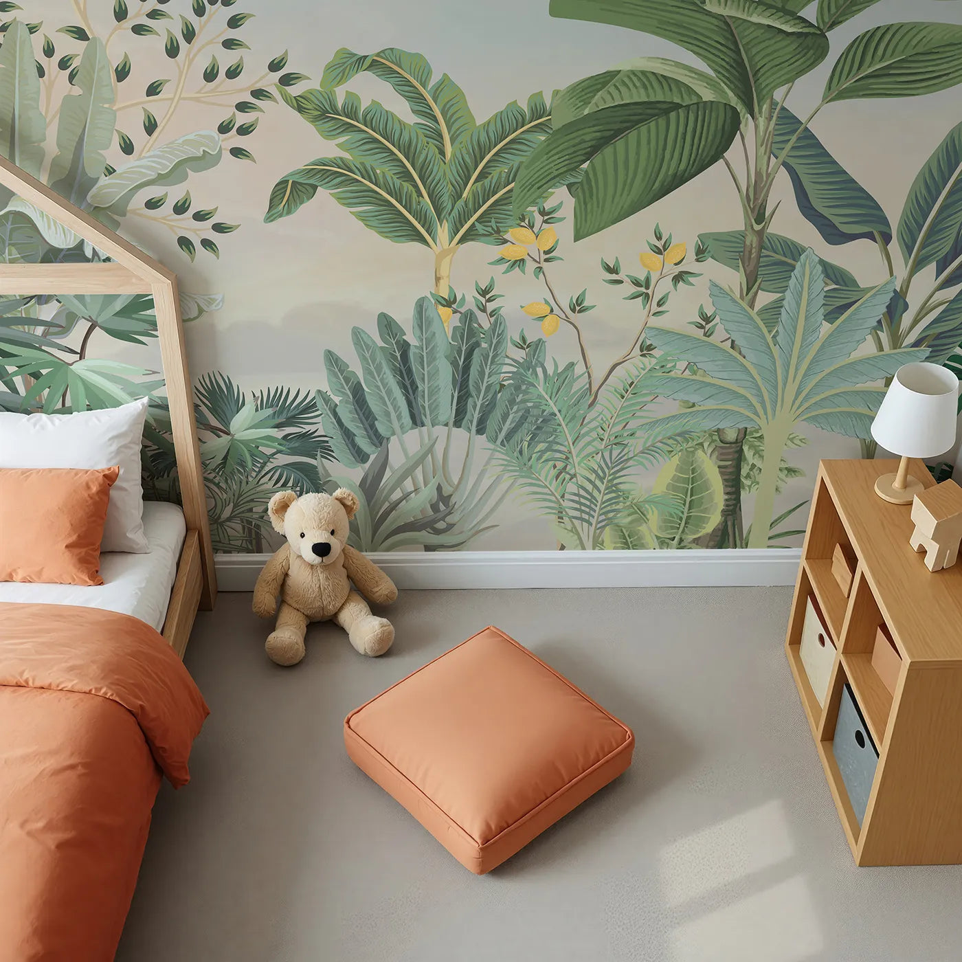 Top-down view of Whimsy Tots' Tropical Garden Wall Mural in Yellow (Turn Their Room into a Lush, Hand-Painted Paradise).Gender-Neutral