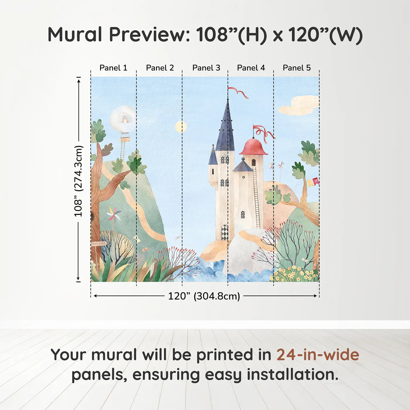 Whimsy Tots Whimsical Castle Village Wall Muraldimension view (108" H x 120" W). Printed in five 24-inch-wide panels. Gender-Neutral
