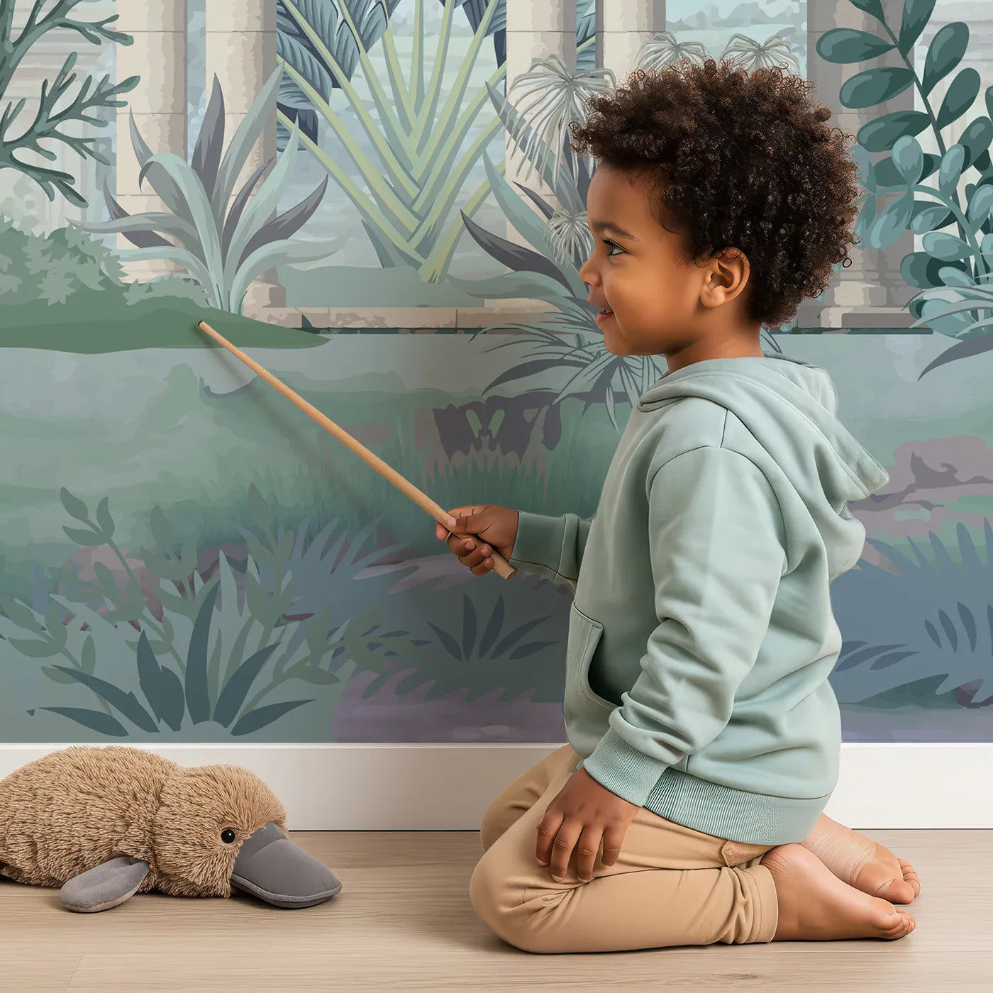 Child in front of Whimsy Tots Peacock Pavilion Wall Mural with chinoiserie, vintage, peacock, bird, exotic, tropical, classic, garden in design.