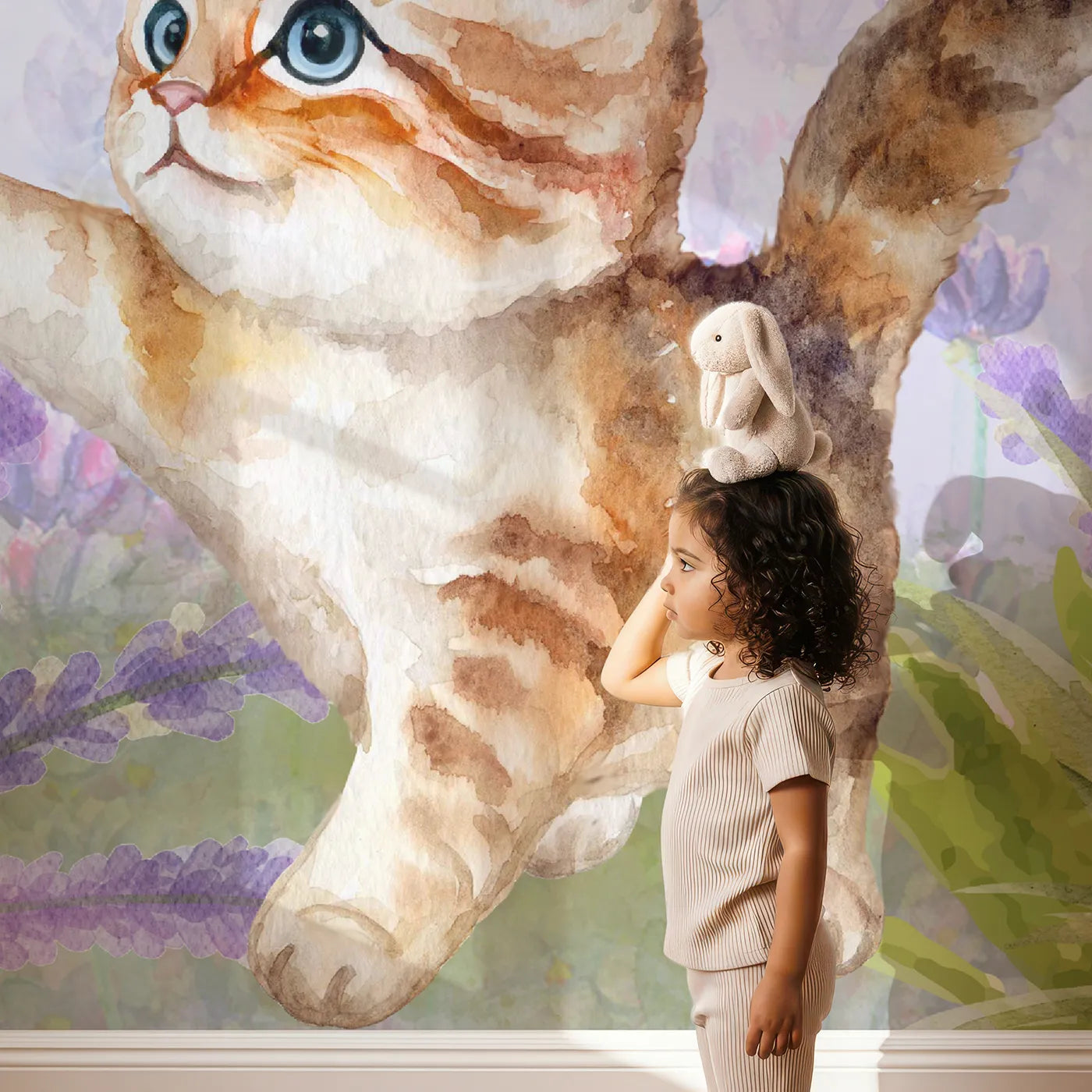Child in front of Whimsy Tots Watercolor Kitten and Lavender Wall Mural with cat, kitten, lavender, flower, cute, watercolor, purple, animal in design.