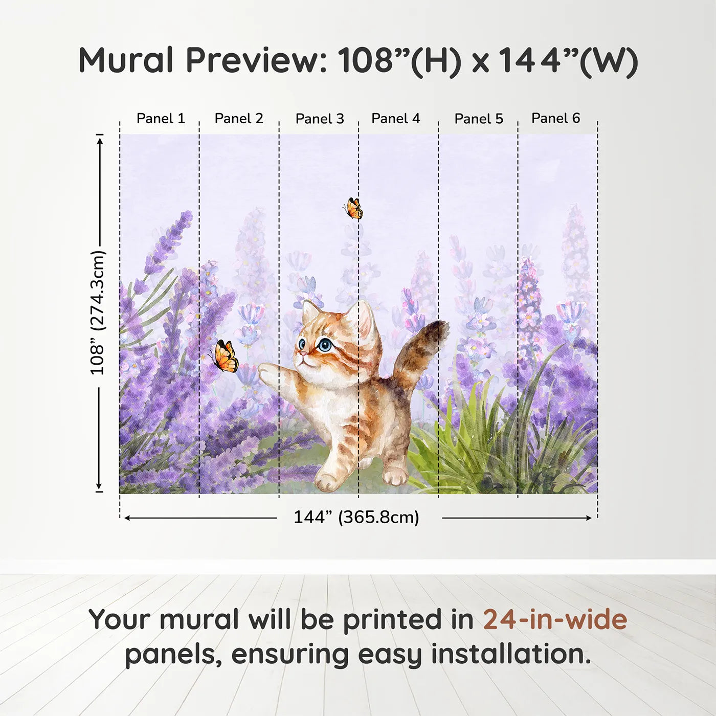 Whimsy Tots Watercolor Kitten and Lavender Wall Muraldimension view (108" H x 144" W). Printed in six 24-inch-wide panels. Gender-Neutral
