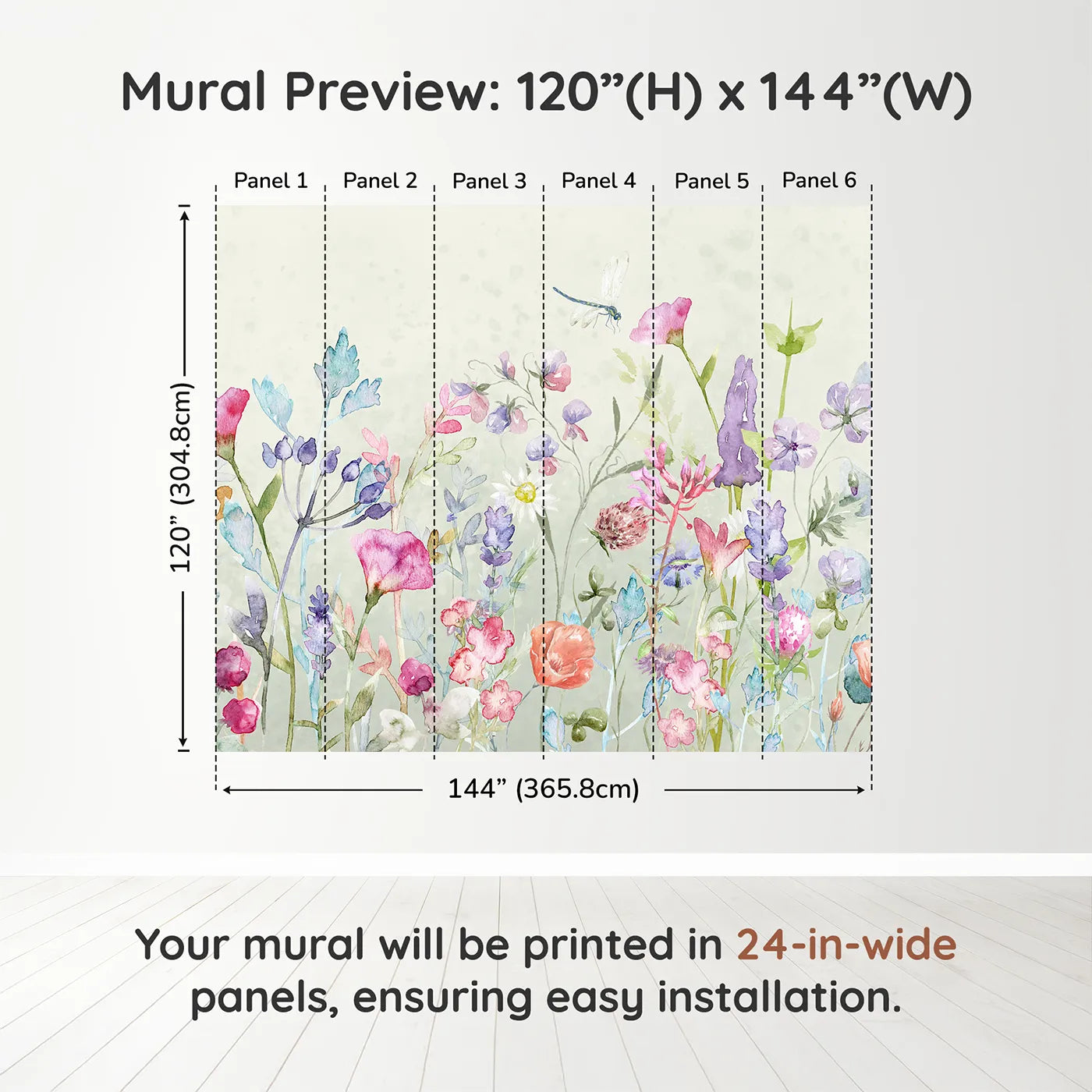 Whimsy Tots Watercolor Wildflower Garden Wall Muraldimension view (120" H x 144" W). Printed in six 24-inch-wide panels. Gender-Neutral