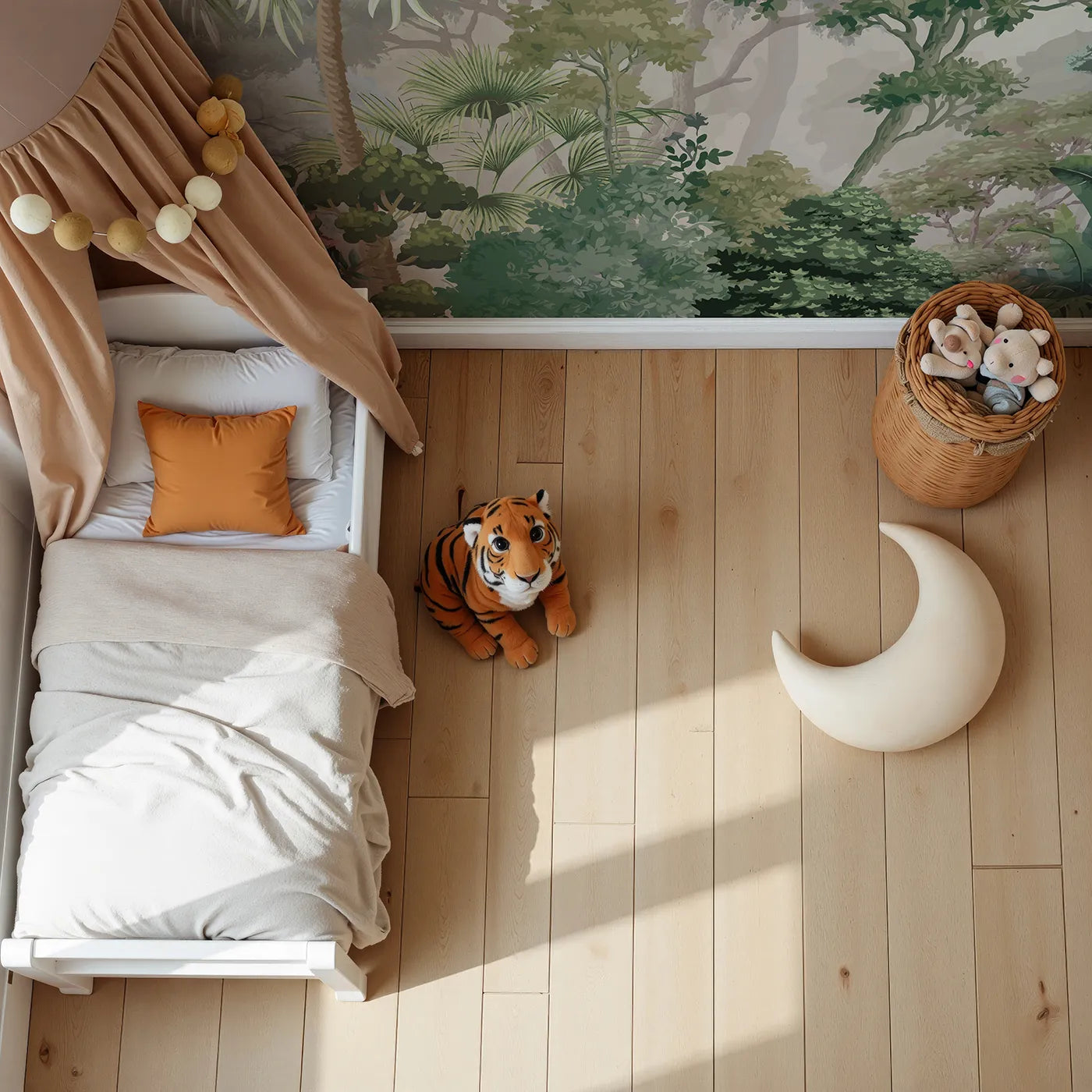 Top-down view of Whimsy Tots' Misty Jungle Cockatoos Wall Mural (Turn Their Room into a Mysterious, Foggy Rainforest).Gender-Neutral