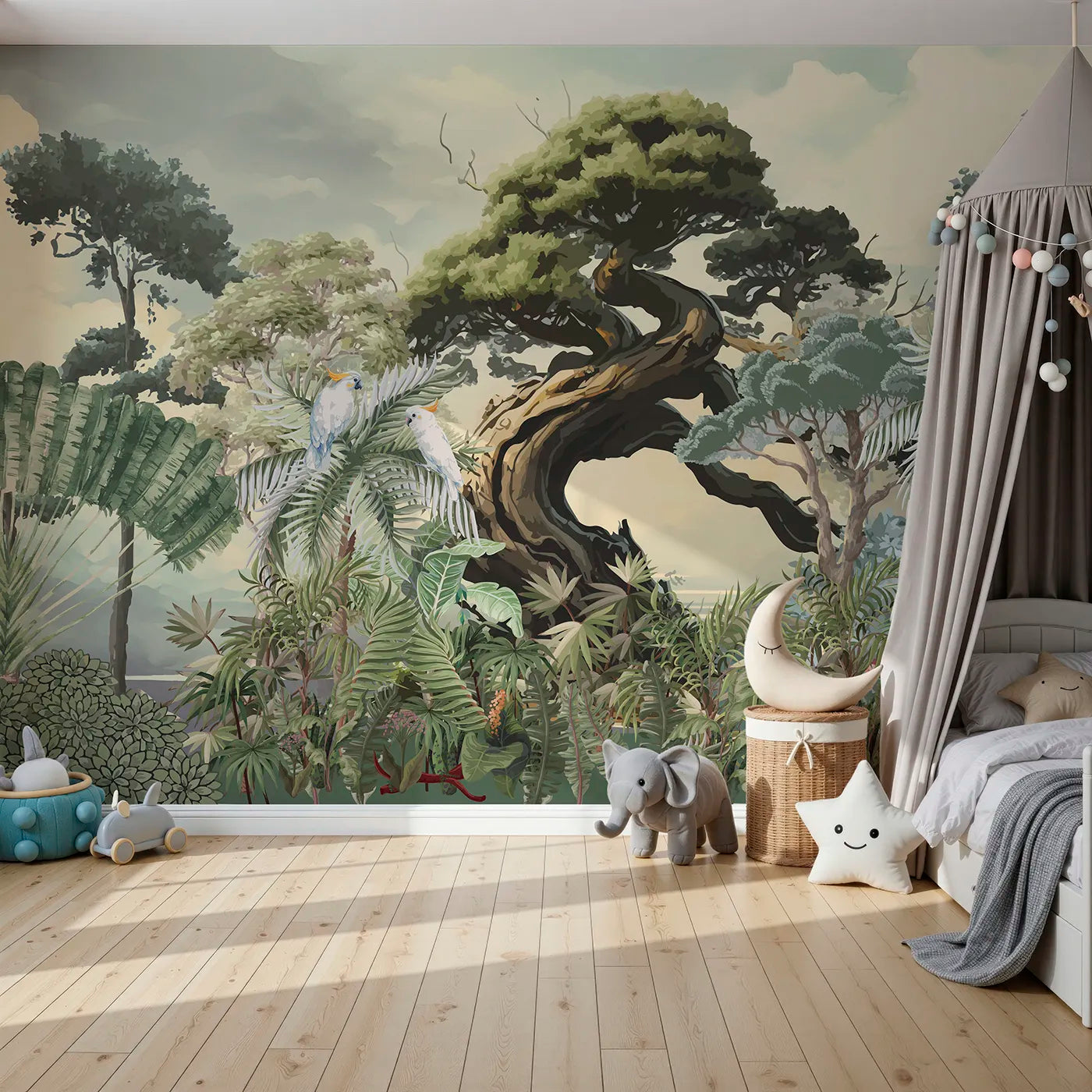 Front view of Whimsy Tots' Gnarled Tree Jungle Wall Mural