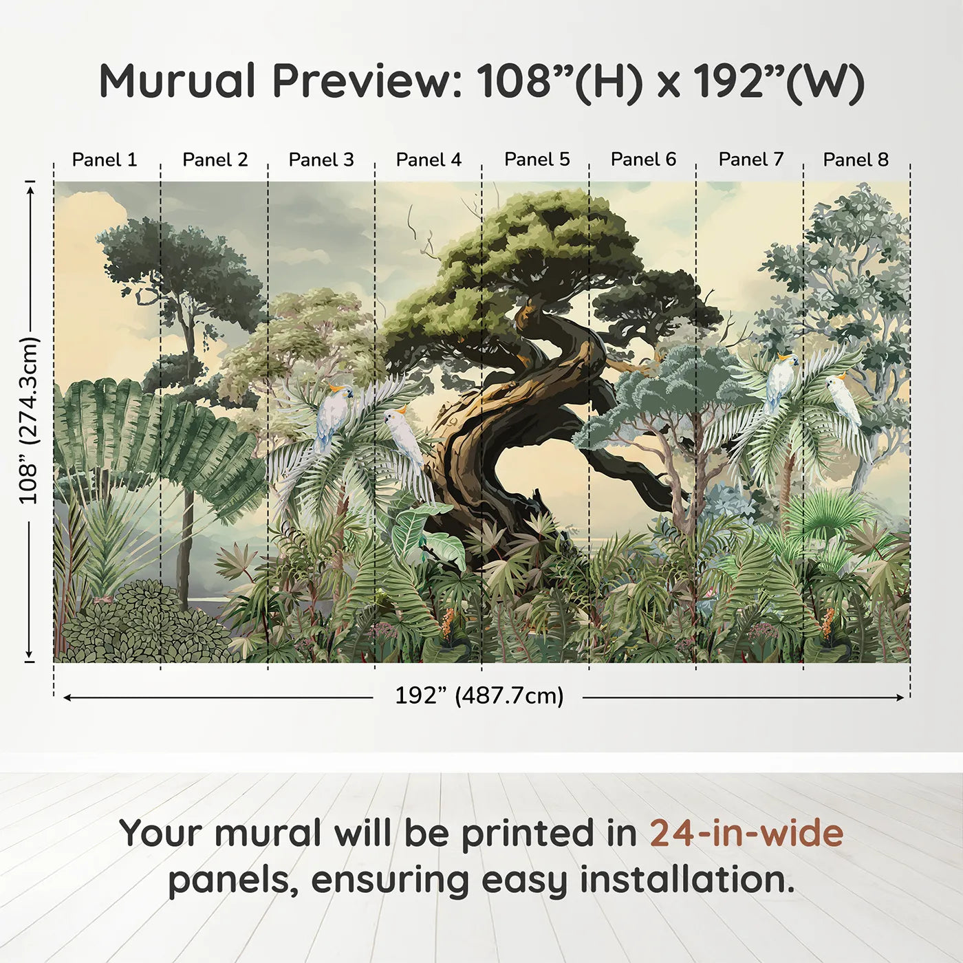 Whimsy Tots Gnarled Tree Jungle Wall Muraldimension view (108" H x 192" W). Printed in eight 24-inch-wide panels. Gender-Neutral
