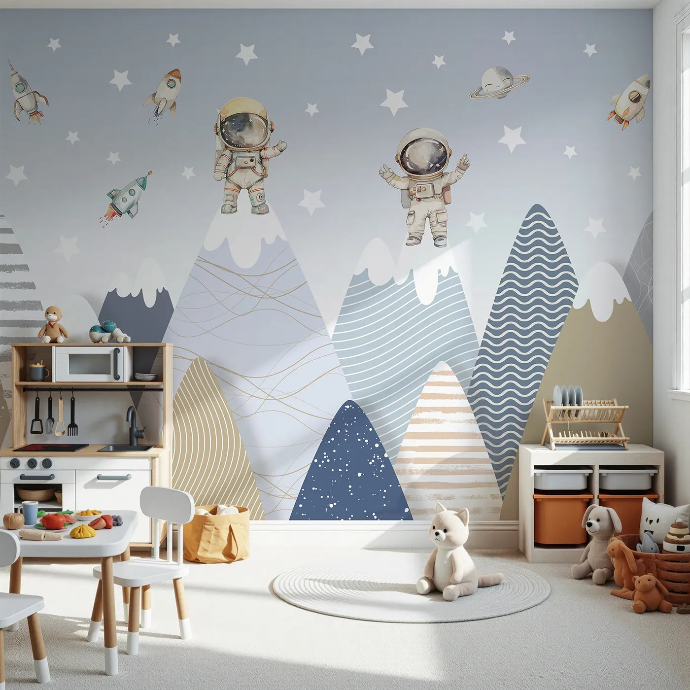 Front view of Whimsy Tots' Astronaut Mountain Toppers Wall Mural